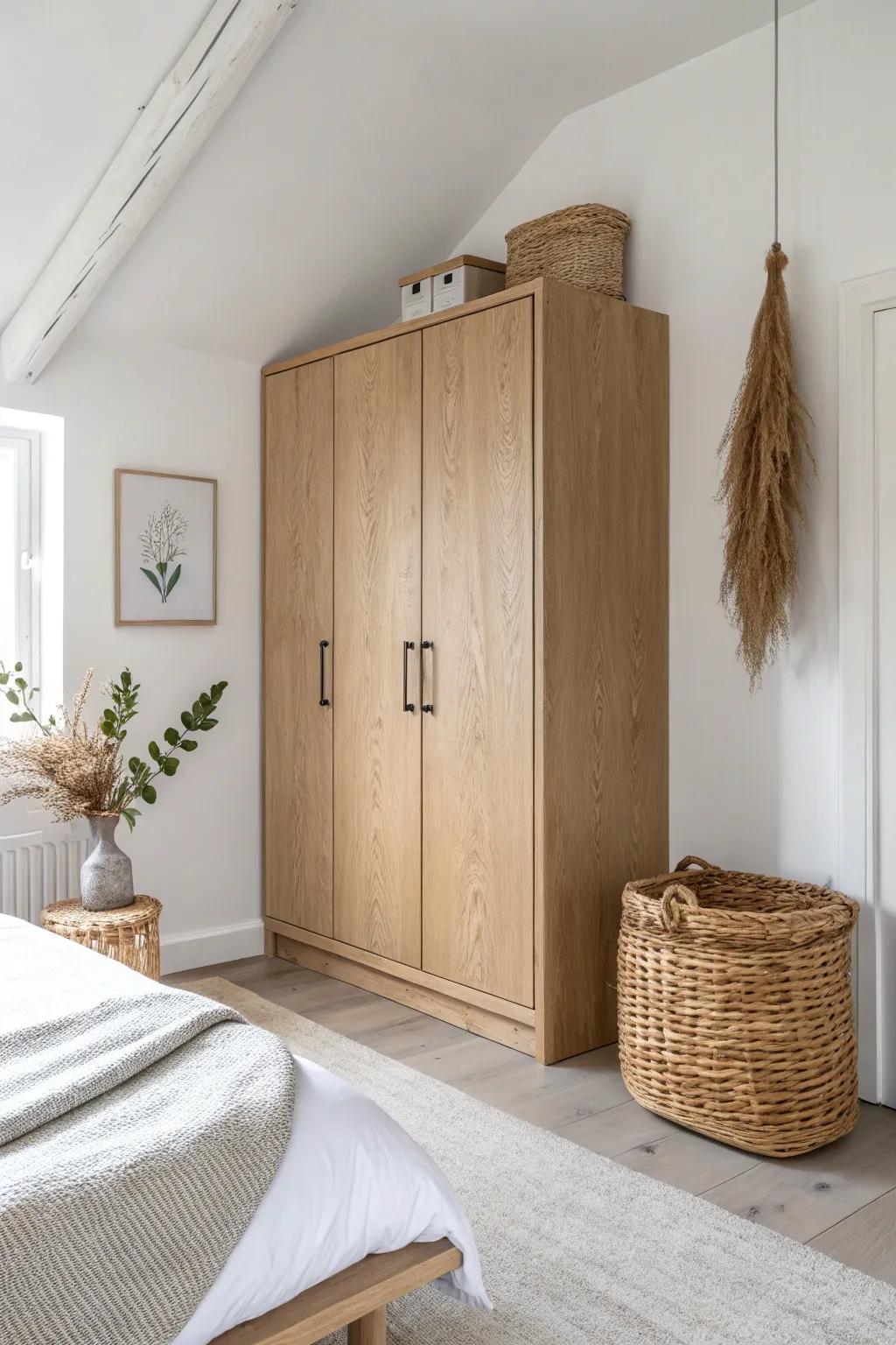 Ceiling-hung floating cabinet row: airy storage up high, perfect for small bedrooms.