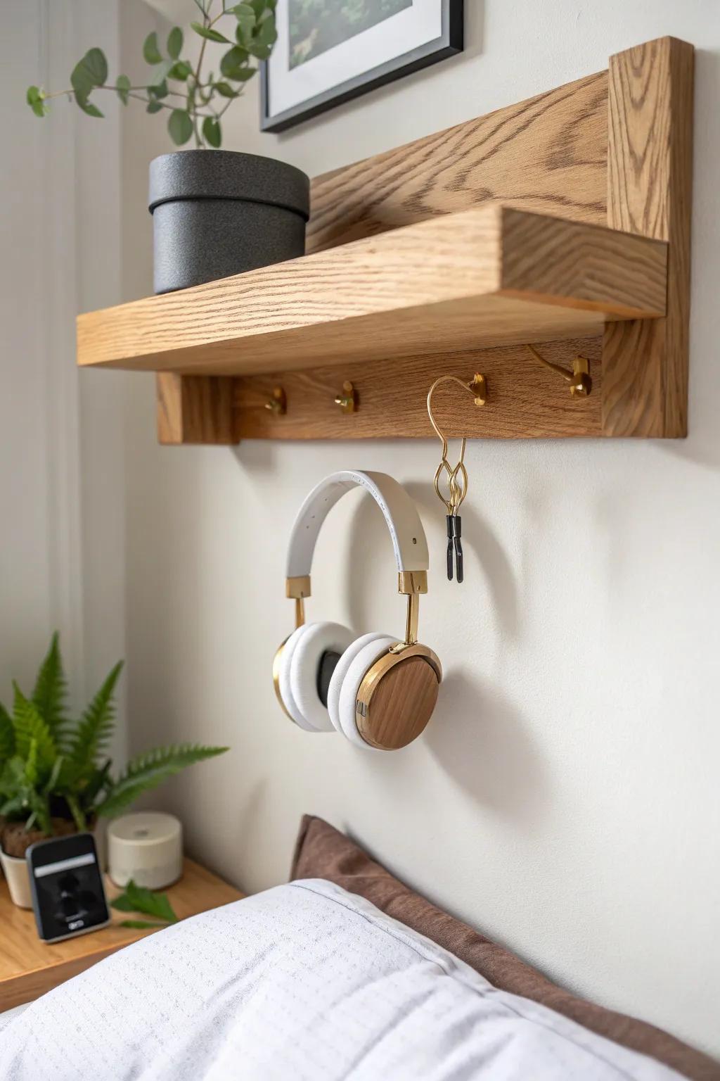 Minimal corner shelf with brass hooks—hang headphones or tomorrow’s outfit without clutter.