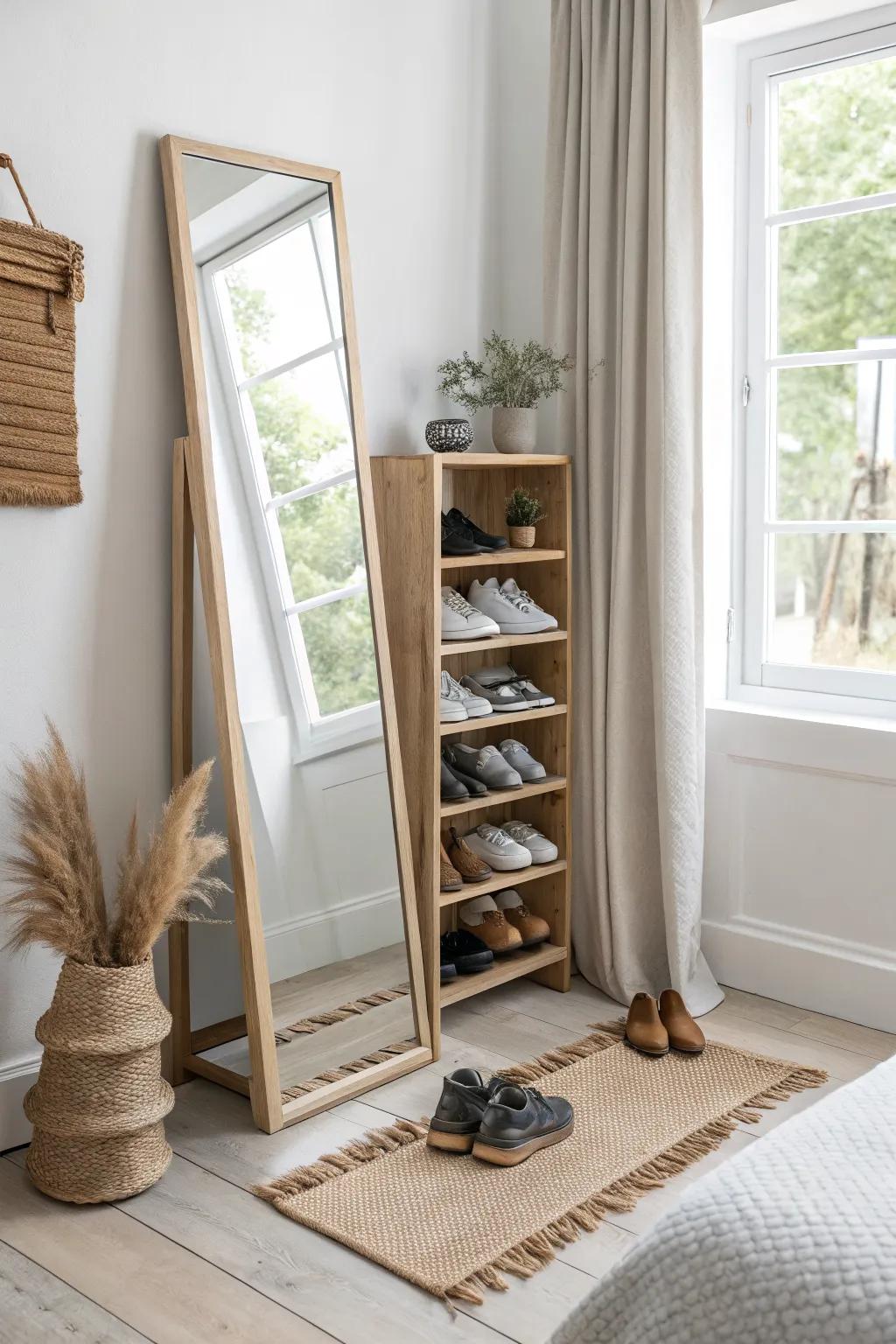A full-length mirror that swings open to reveal slim, hidden shoe storage—perfect for tiny bedrooms.