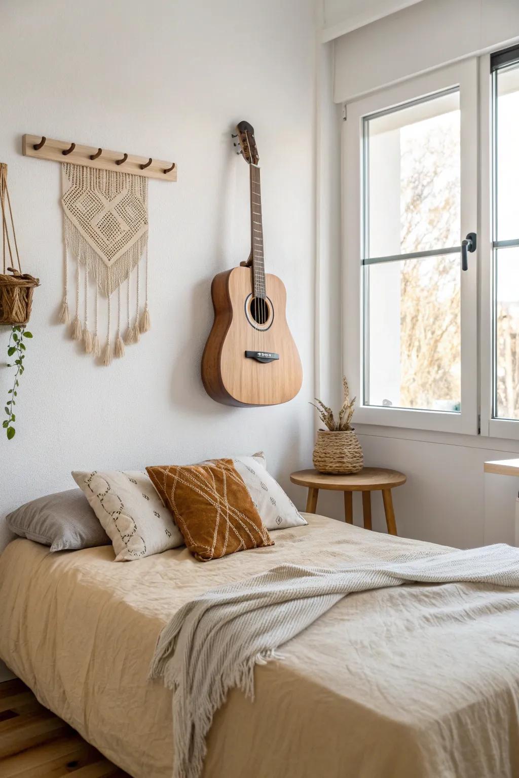 A wall-mounted guitar above the bed: personal, space-saving decor with warm minimalist charm.