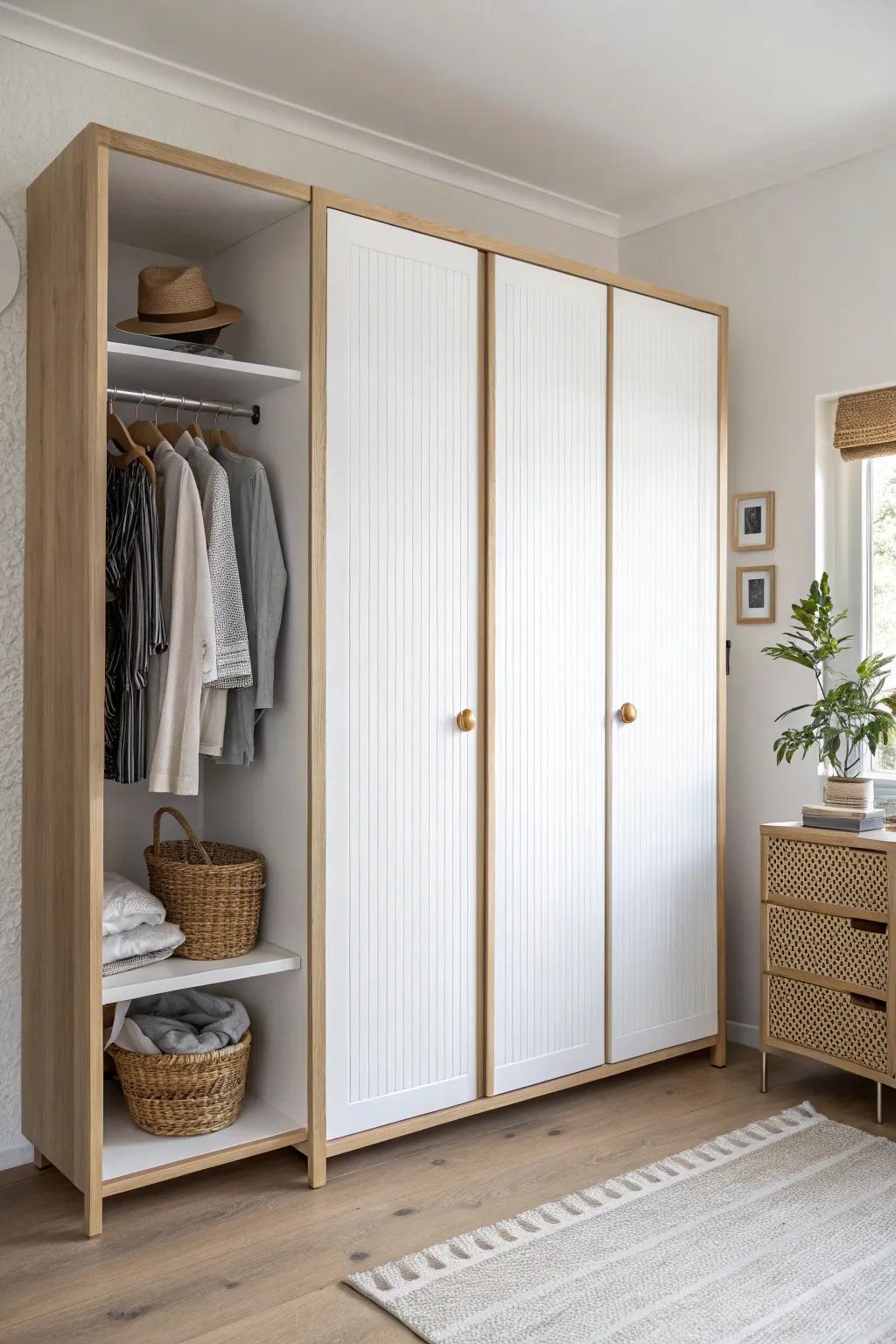 A sleek wardrobe divider that creates a bedroom zone and adds storage—perfect for studios.