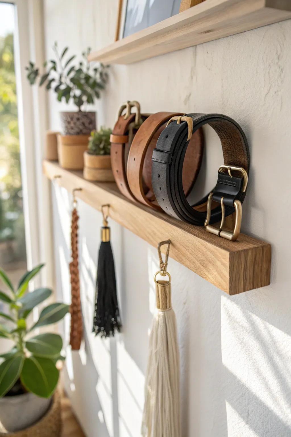 Turn a slim picture ledge into a boutique belt shelf—rolled buckle-out for easy grabbing.