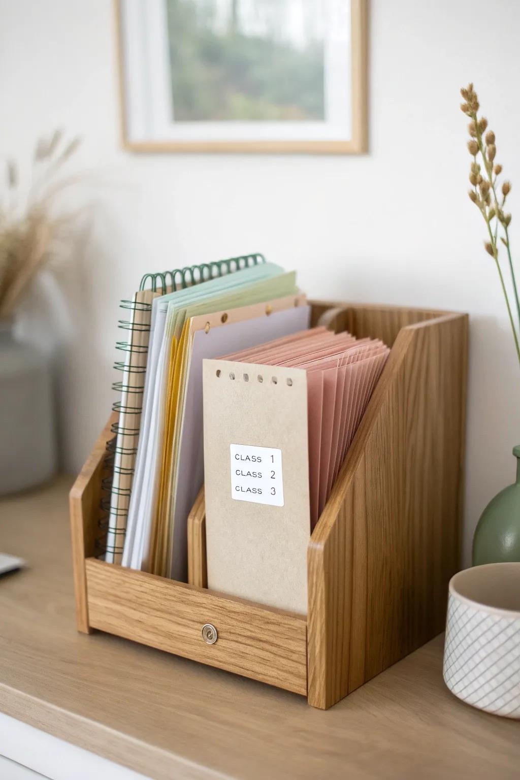 A vertical file sorter keeps dorm papers tidy—grab the right class folder in seconds.