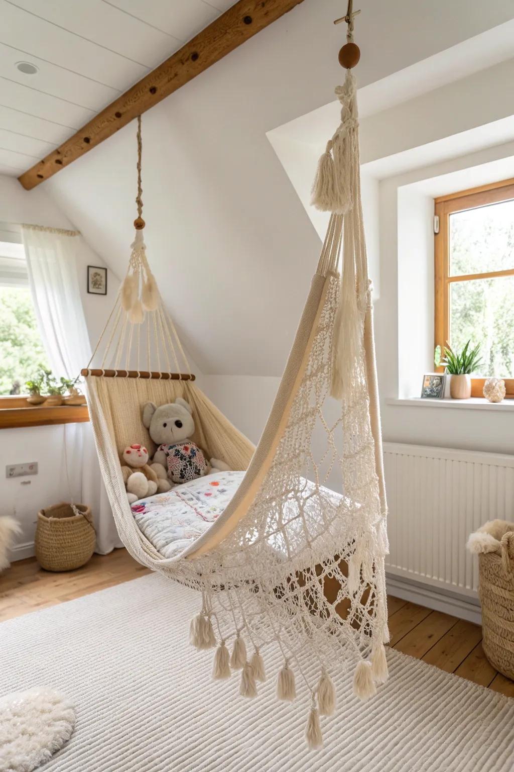 A ceiling-hung macramé net keeps plushies off the floor—pretty, airy, and space-saving.