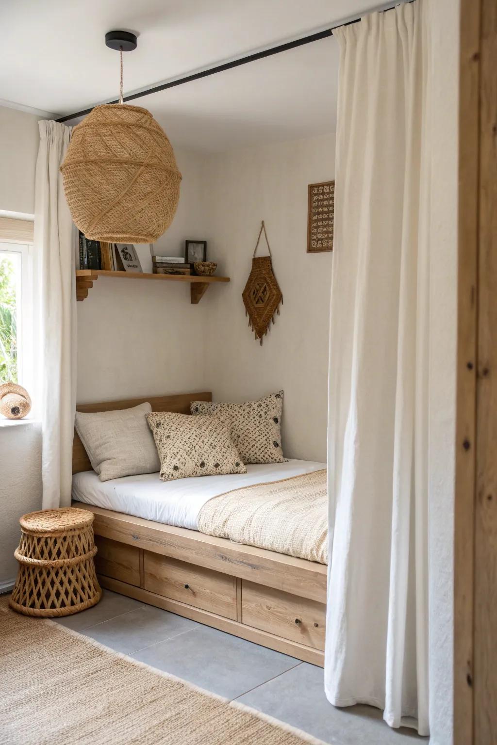 Turn an awkward alcove into a cozy boho daybed retreat with linen, wood, and a curtain.
