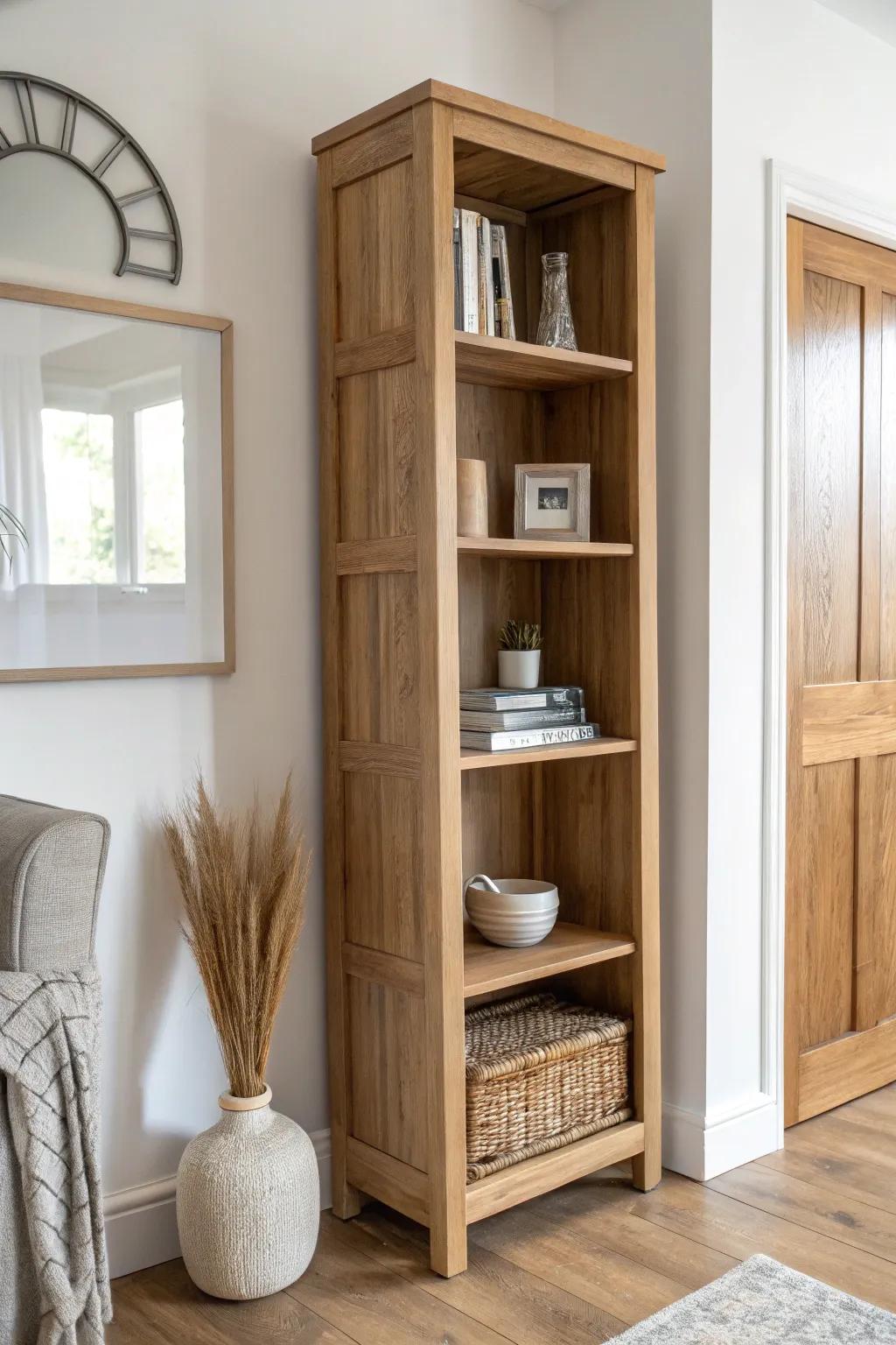 Mirror-backed bookcase doubles the light and depth—perfect for keeping small-space shelves calm.