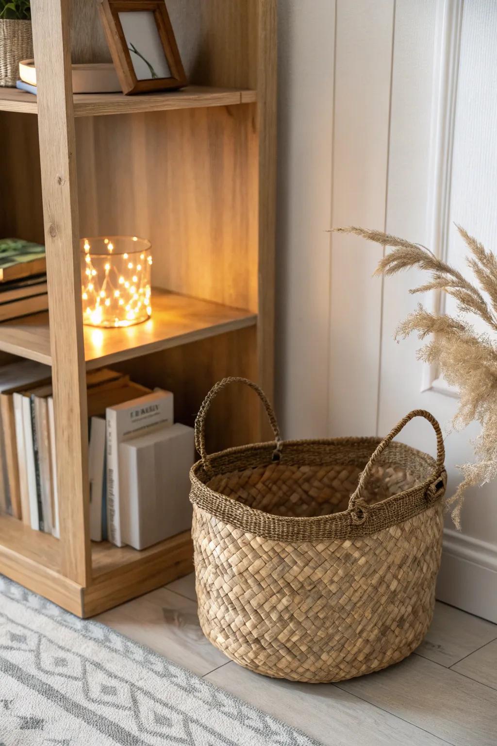 Hide a tiny LED in a woven basket for a soft, diffused glow that makes storage feel styled.