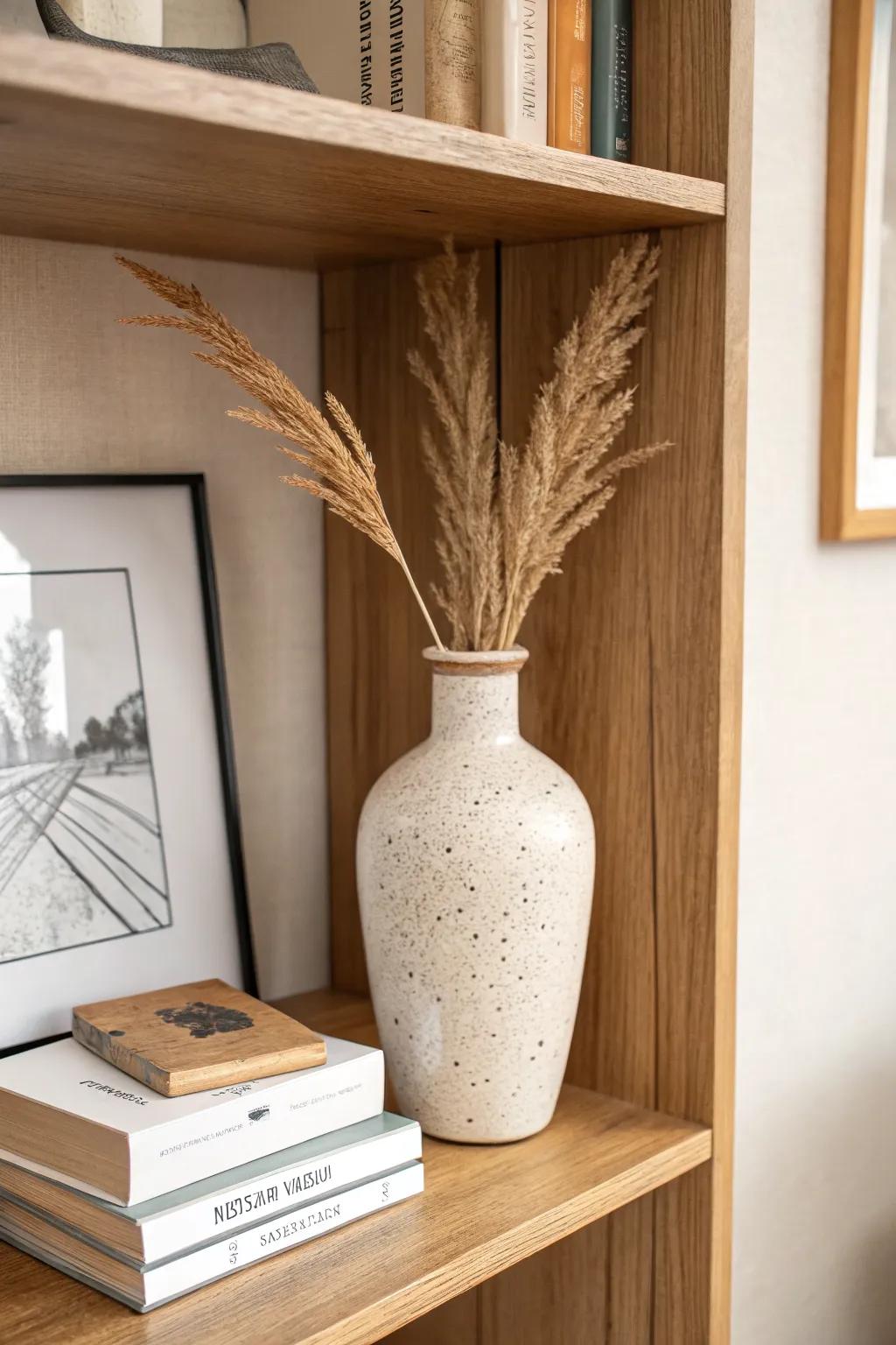 A tiny rotating shelf gallery: two books, one handmade vase, and art—fresh each month.