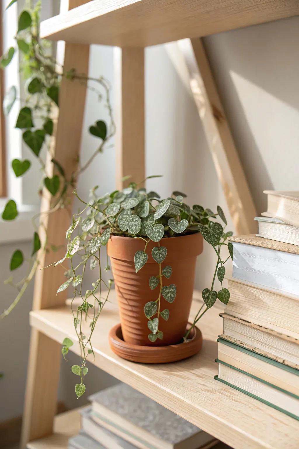 A trailing plant creates a soft pause between book stacks—cozy structure for small shelves.