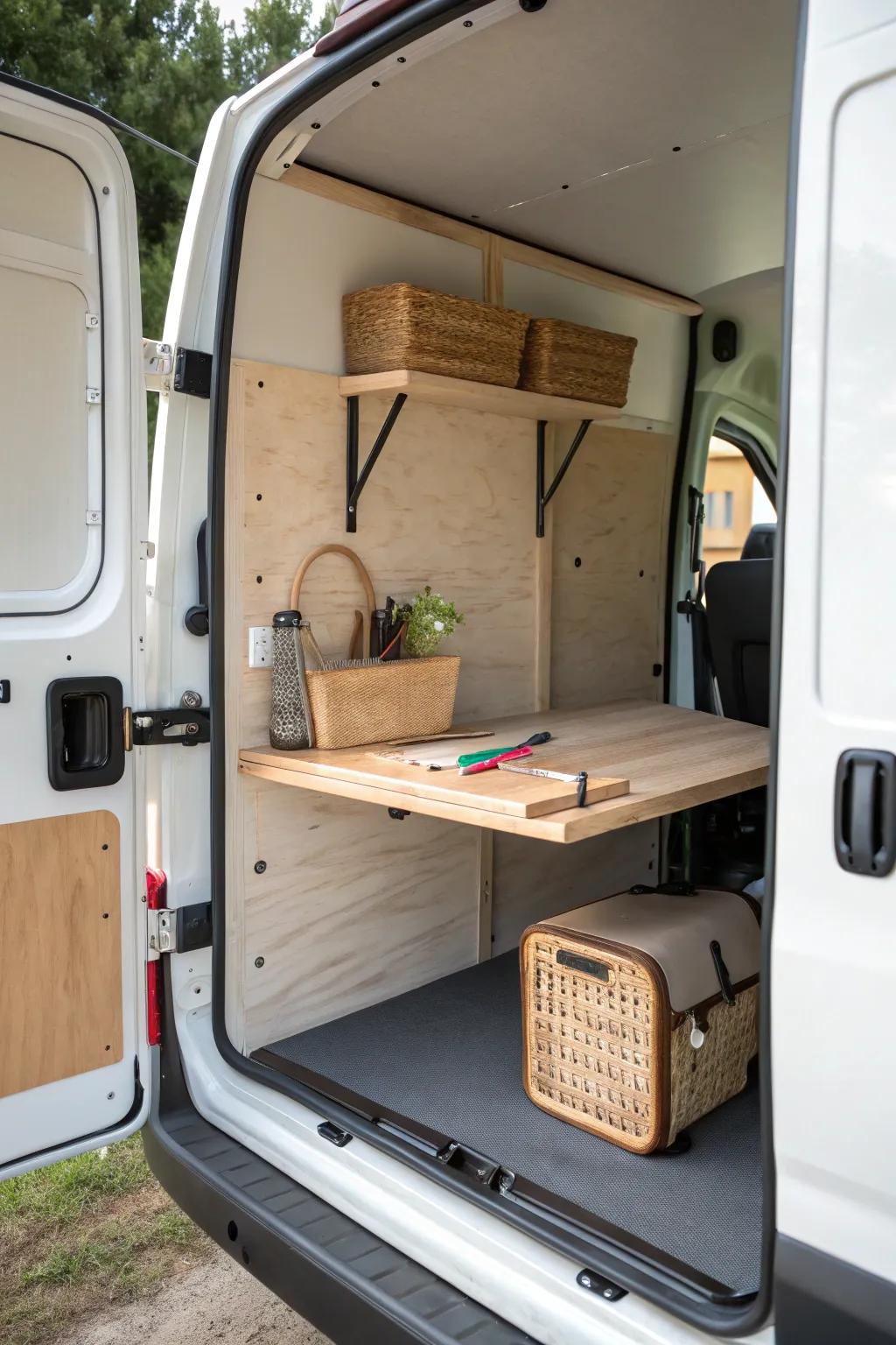 Fold-down workbench shelf: a slim, crafted surface that turns your box truck into a mini workshop.