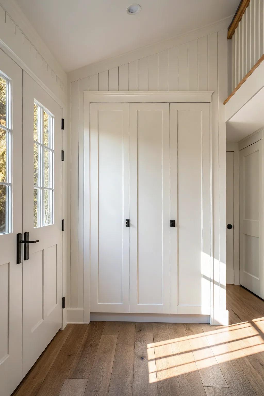 A broom closet that vanishes—tone-on-tone paneling door with simple trim for hidden storage.
