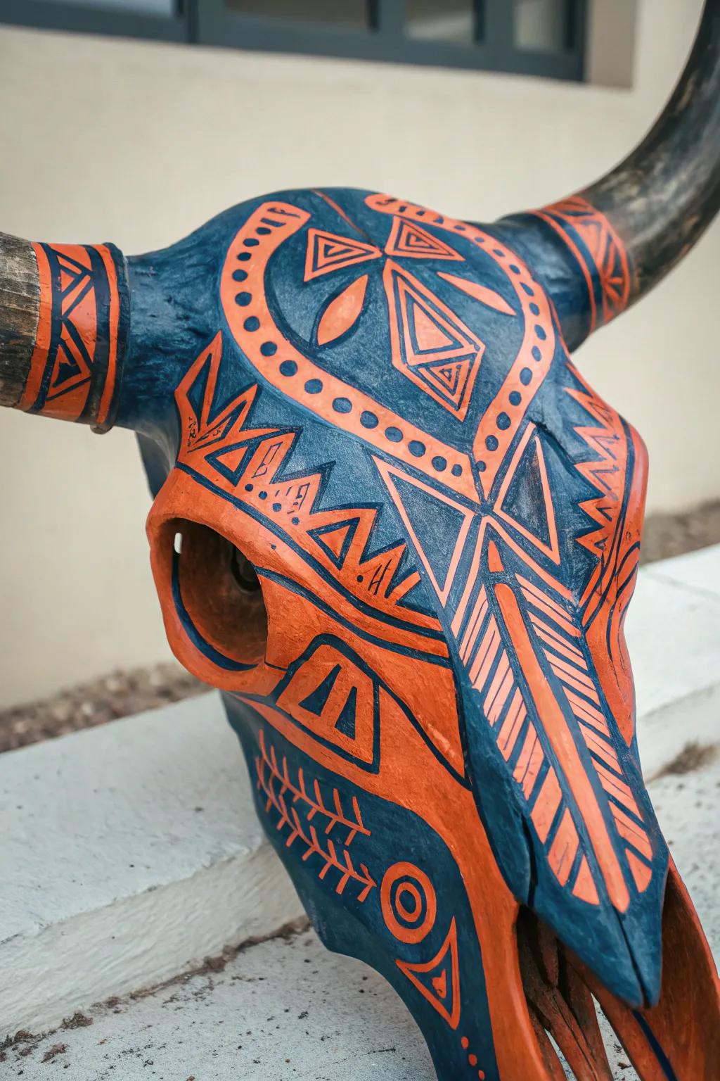 Dive into surreal artistry with this stunning buffalo skull adorned with abstract faces – a true testament to craftsmanship.