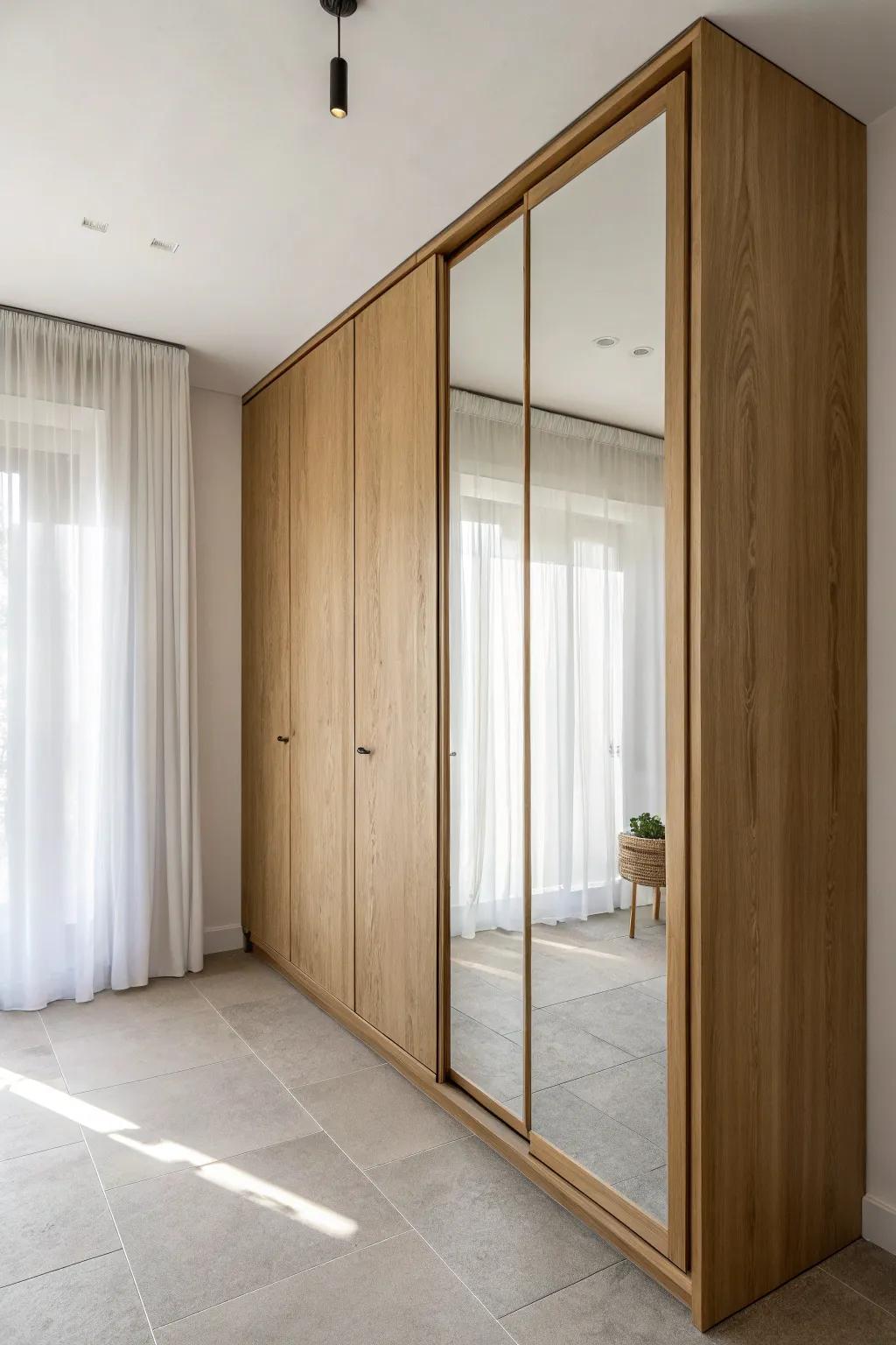 Mirror-front built-in cabinets bounce daylight and make narrow rooms feel twice as wide.