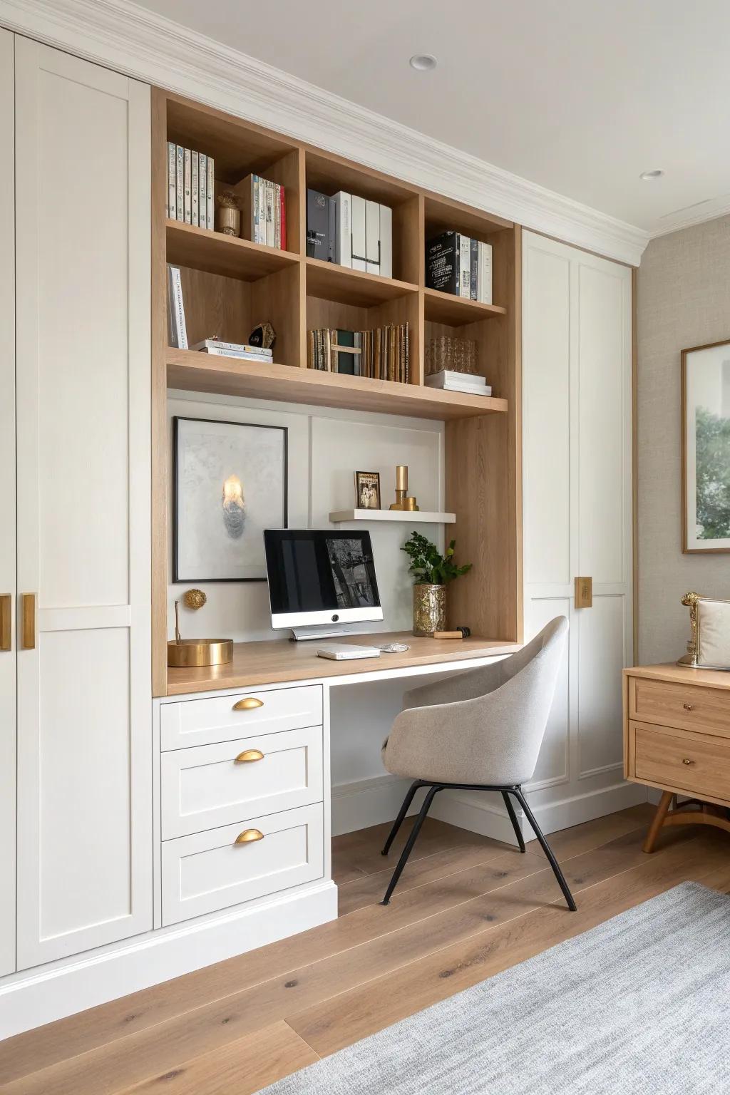 A sleek cabinet wall that opens into a hidden built‑in desk—minimal, warm, and space-smart.