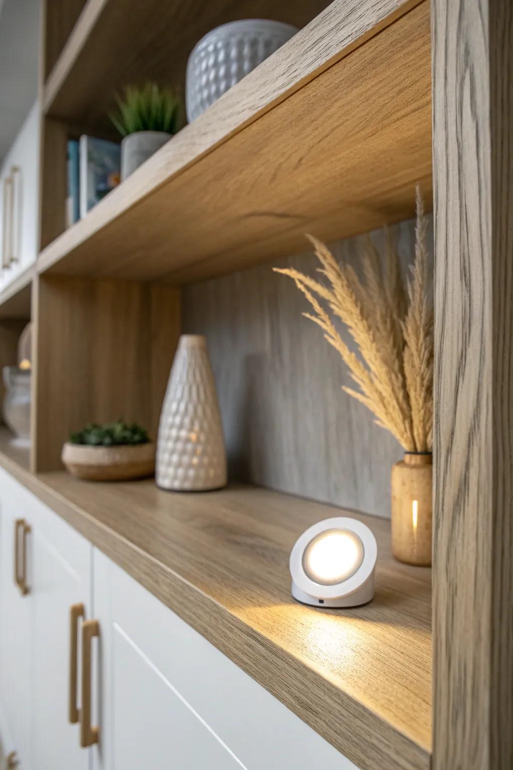 Warm puck lights make built-ins glow like a cozy boutique—highlighting decor without adding clutter.