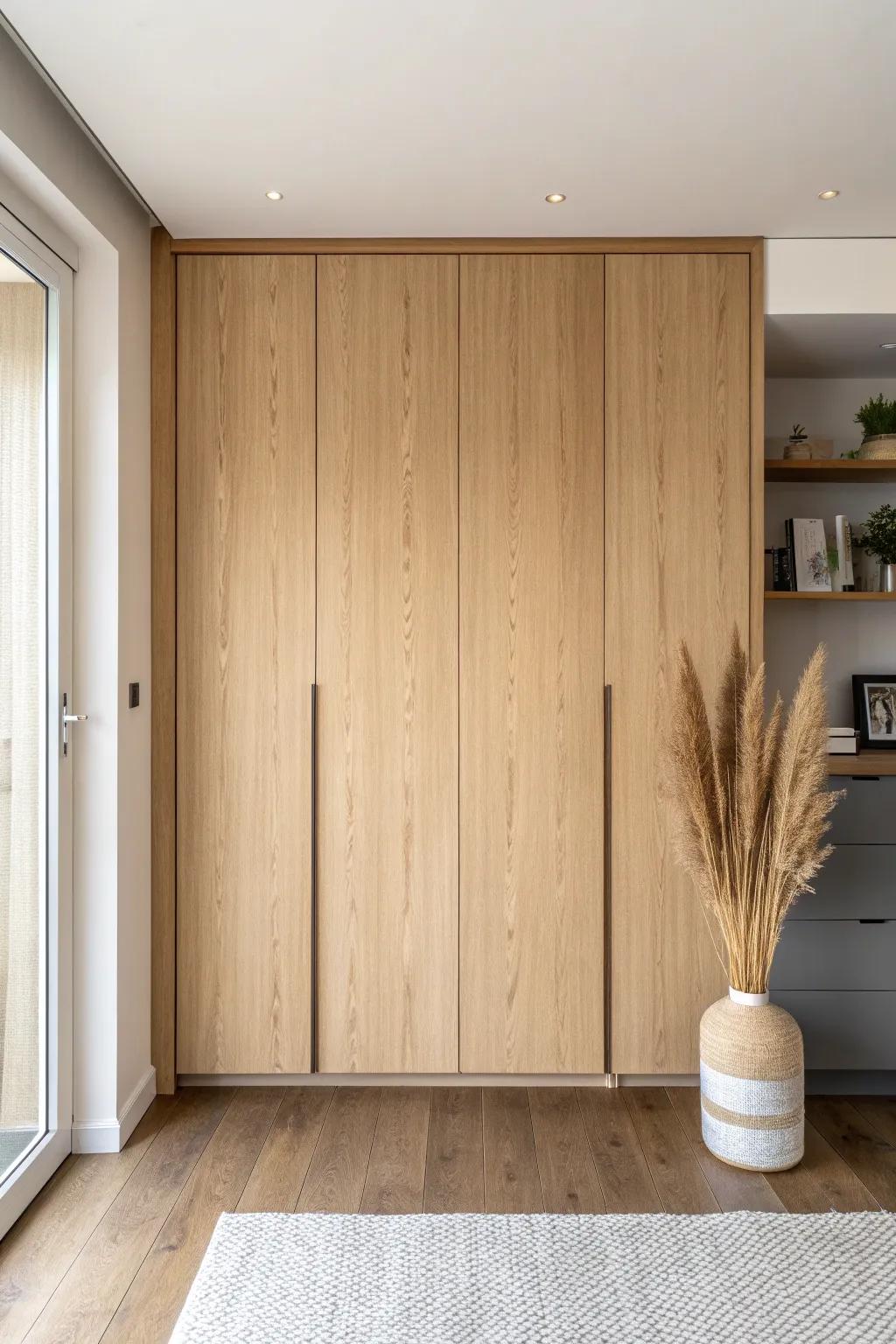 A seamless built-in wardrobe that hides a secret door—minimal, warm oak, and quietly magical.