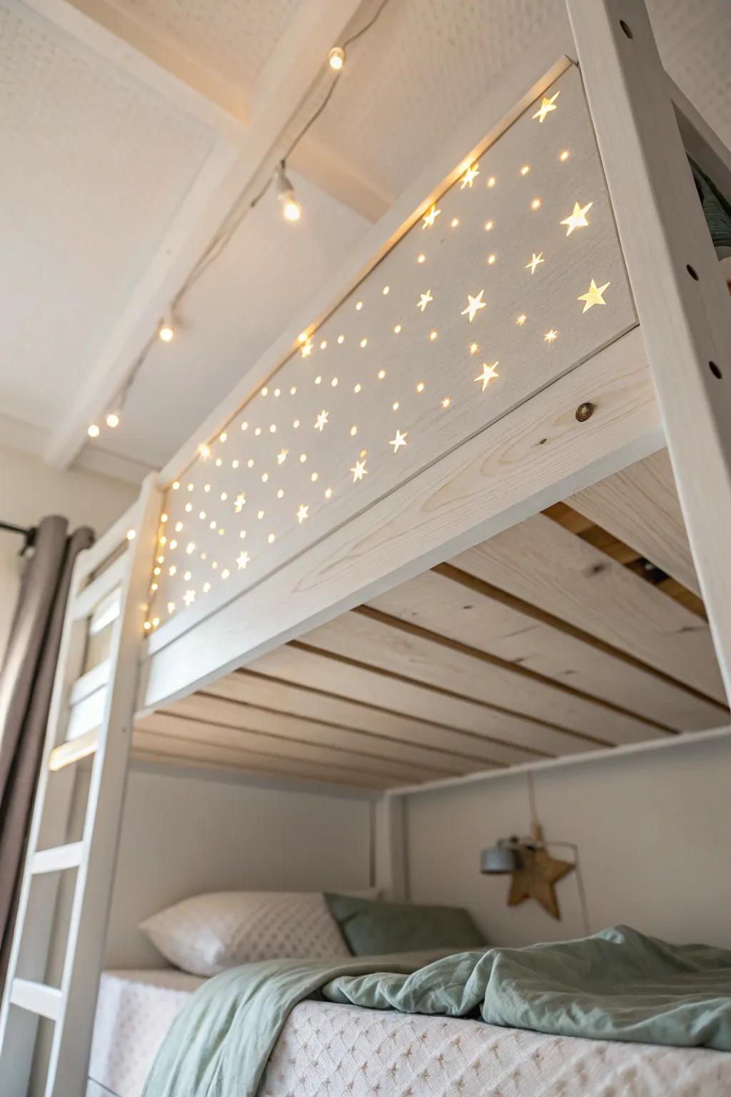 A warm starry “night sky” light panel under the top bunk makes the lower bed feel magical.