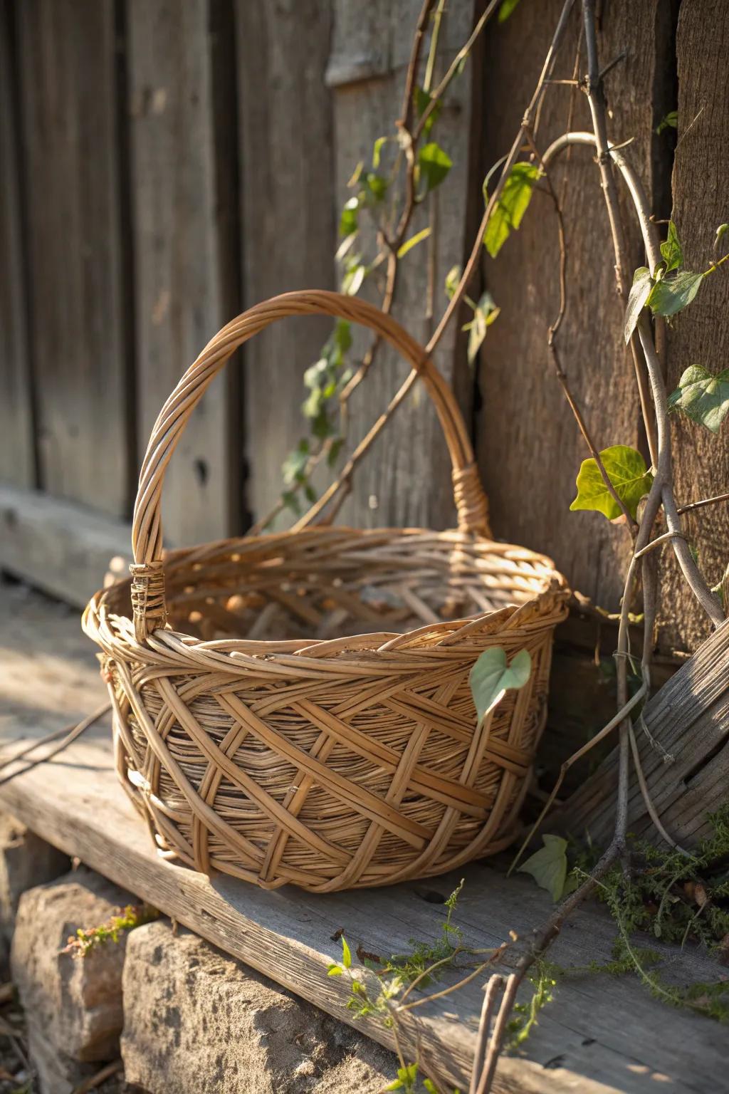 Craftsmanship at its finest: A handwoven vine basket, ready for your next forest adventure.