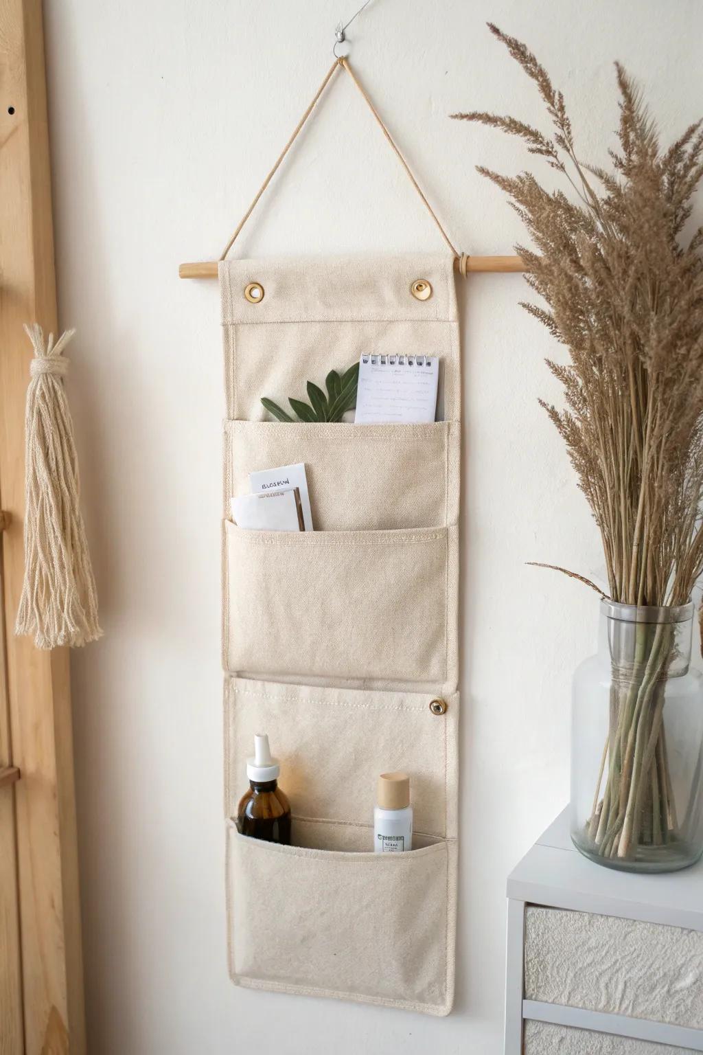 A fold-away wall pocket organizer turns a tiny space into a calming corner in seconds.