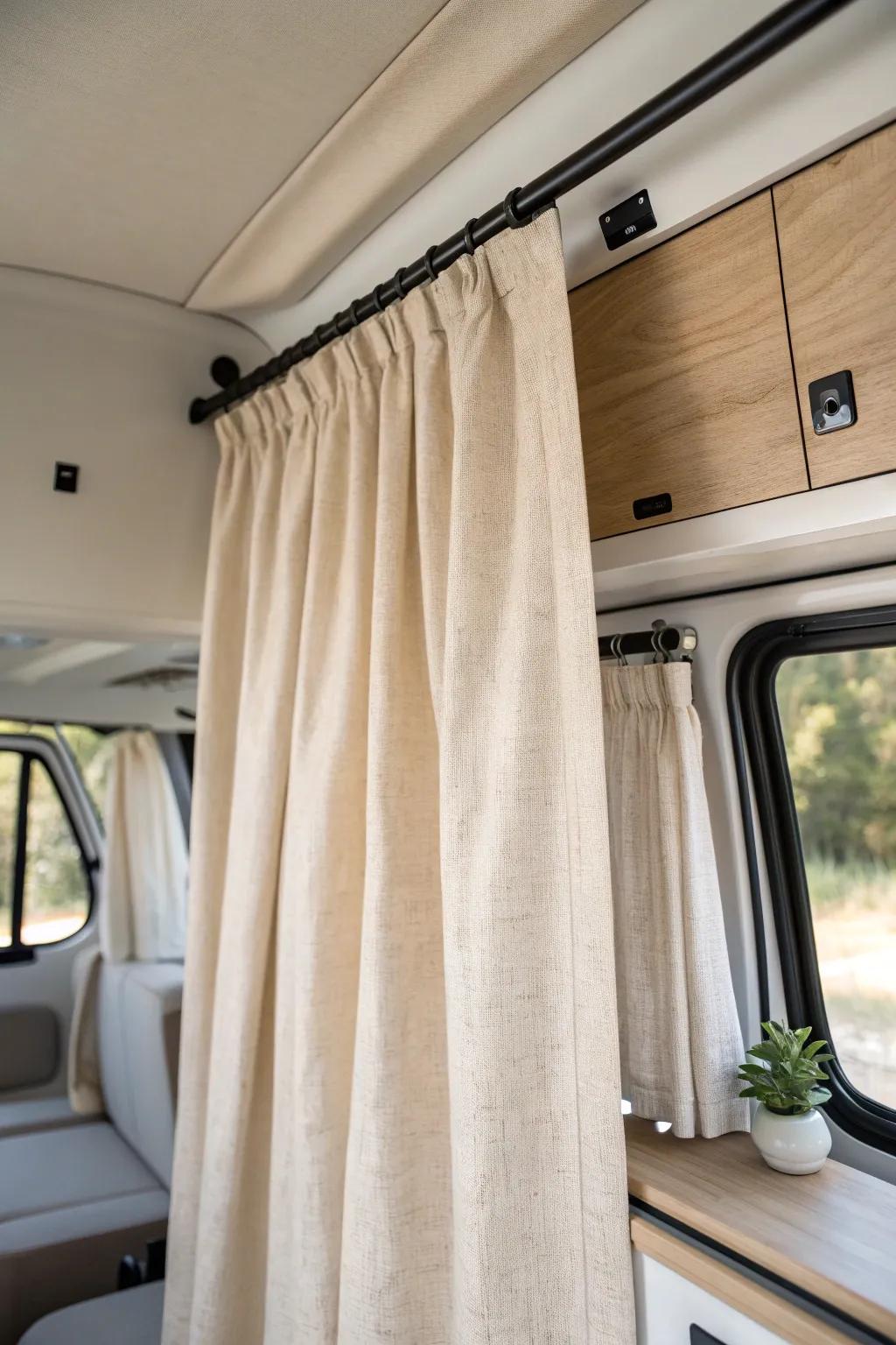 A linen doorway curtain creates a cozy bedroom nook—private, airy, and space-saving.