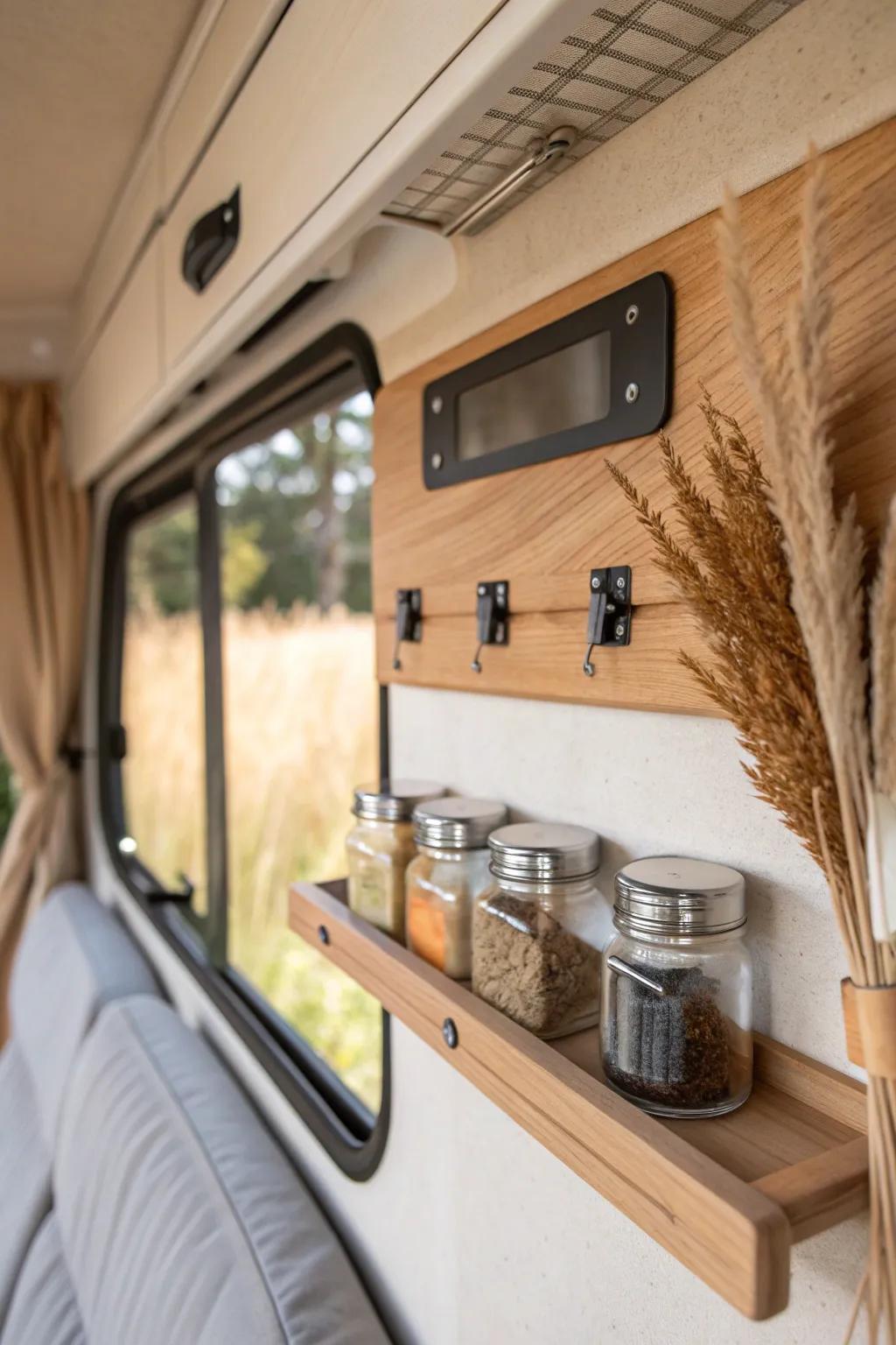 A magnetic galley wall turns unused camper space into a sleek vertical pantry.