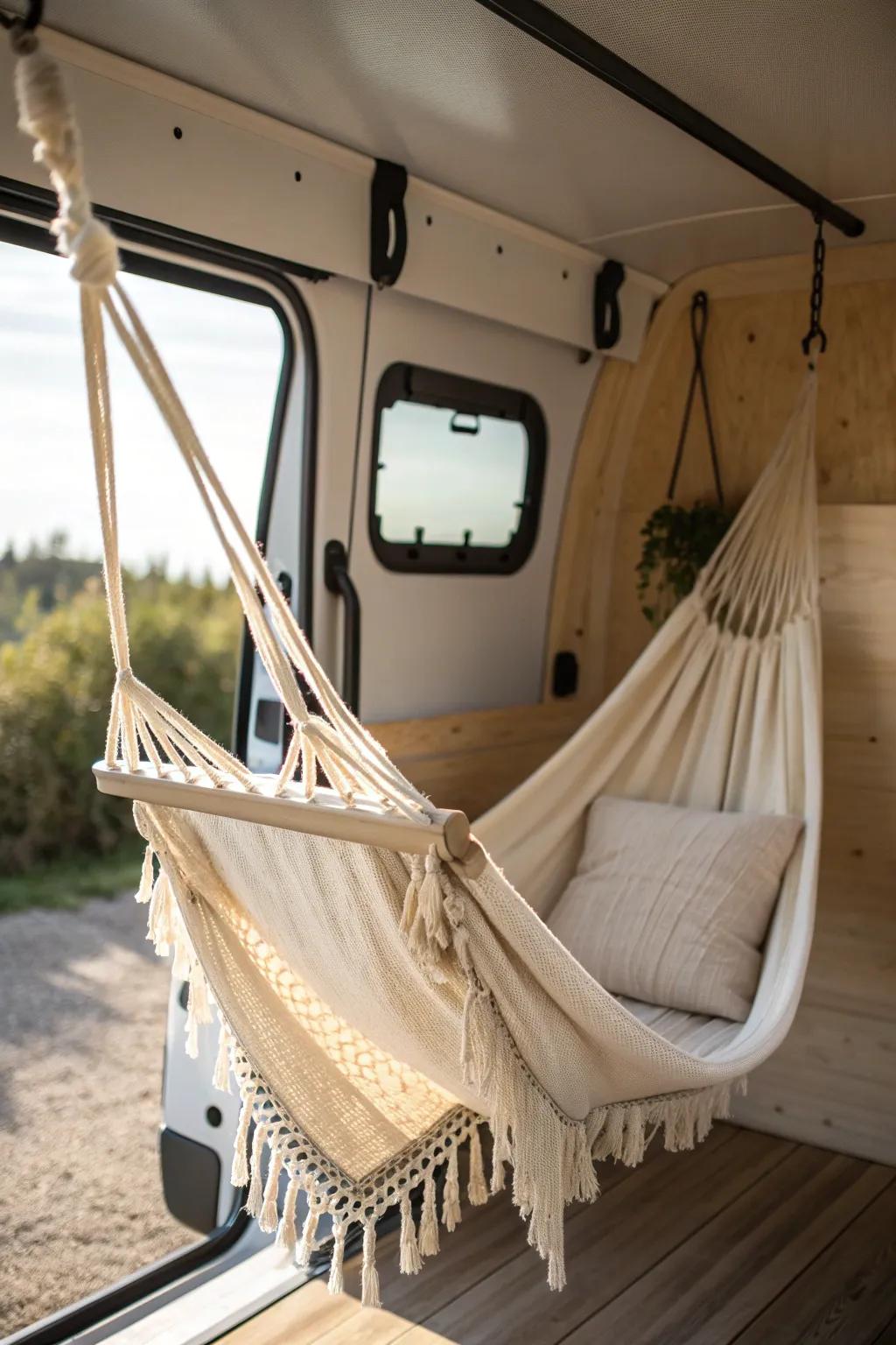 An airy hammock bed that packs away by day—lightweight, breathable sleep for small van spaces.