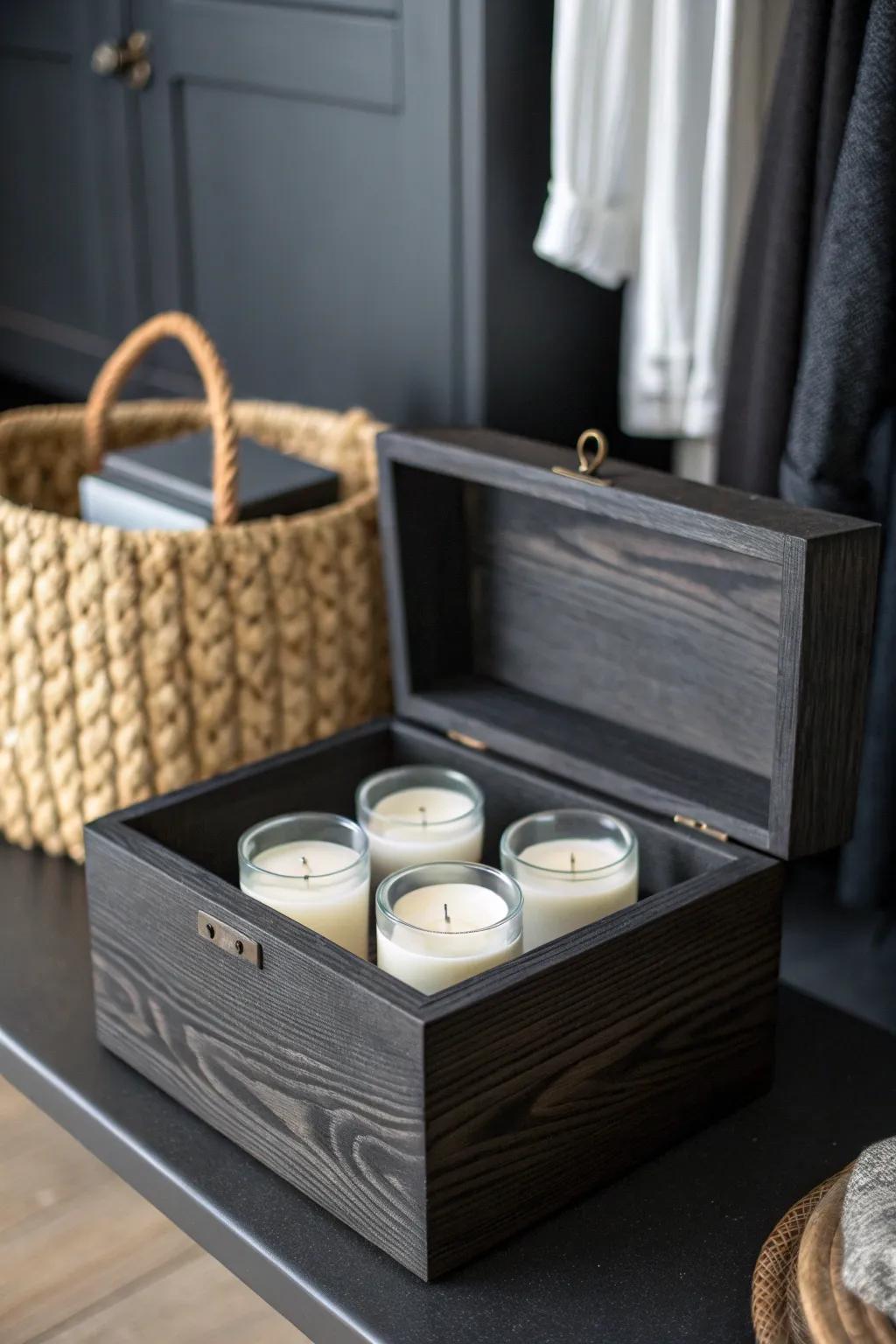 A cool, dark “candle pantry” box that keeps your favorites protected and fragrance strong.