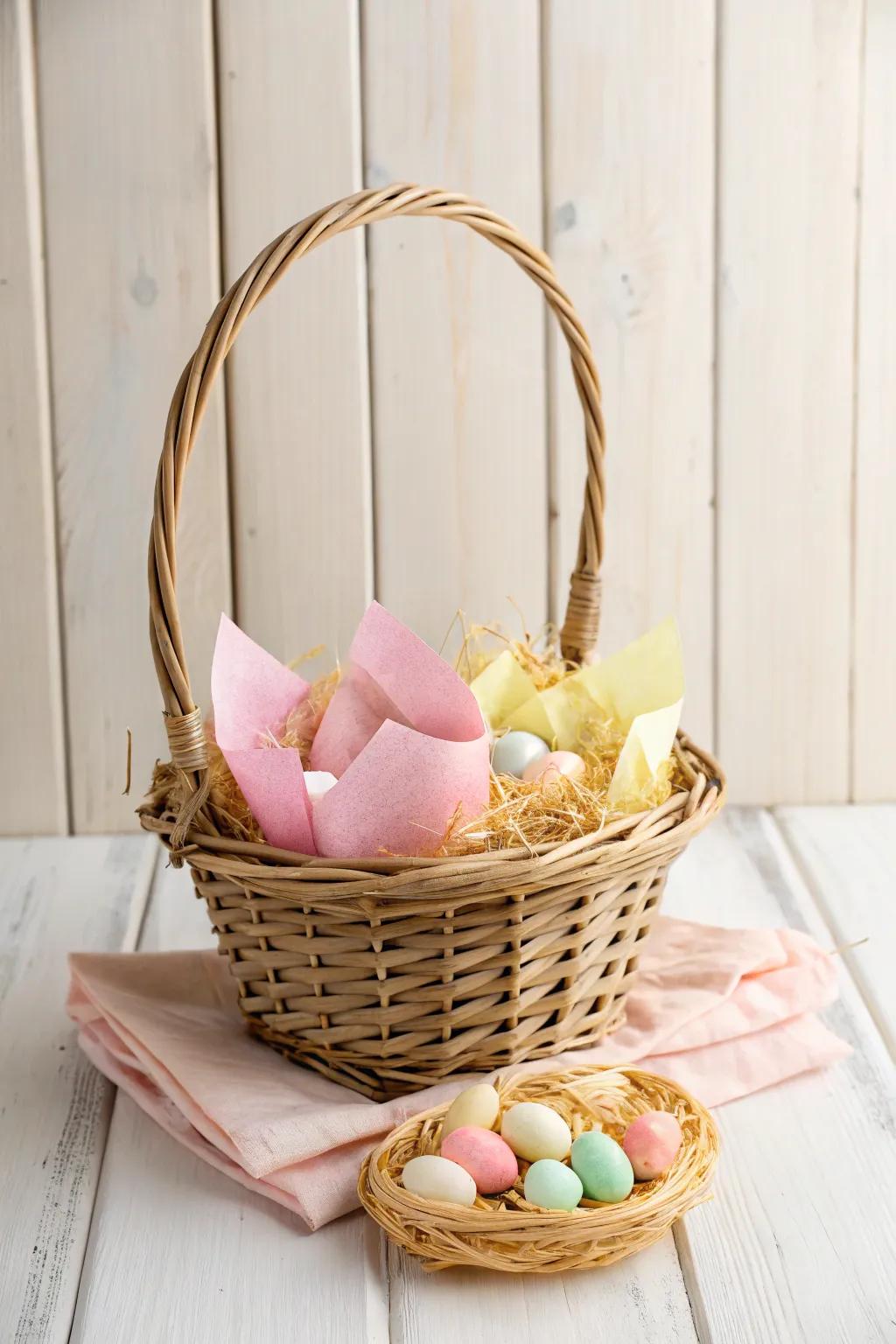 Embrace minimalist charm with this elegantly simple Easter basket, a perfect blend of craftsmanship and natural beauty.