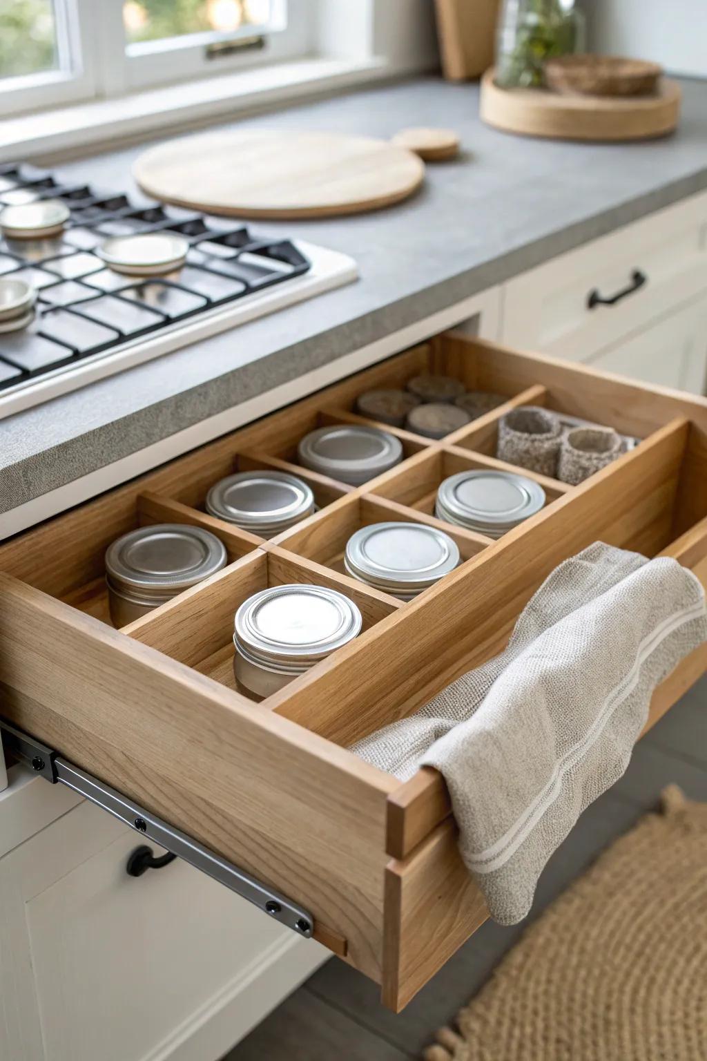 Handmade drawer dividers keep canning lids and rings tidy—calm, grab‑and‑go storage.