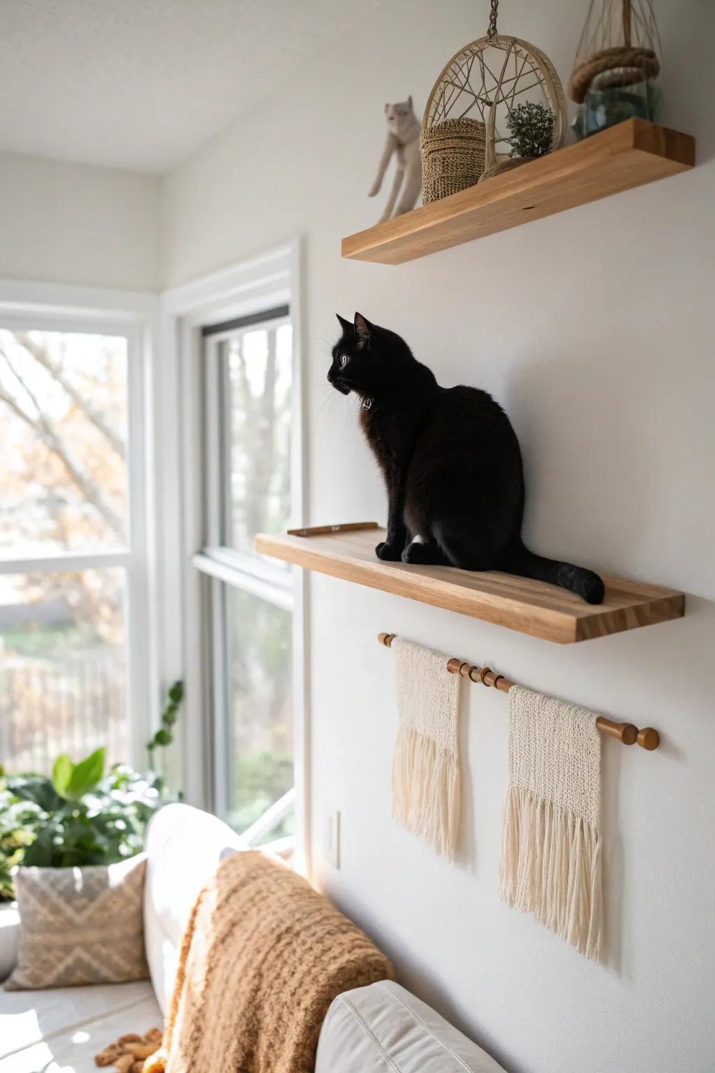 Ceiling-level cat shelf line: extra feline territory without taking up precious floor space.