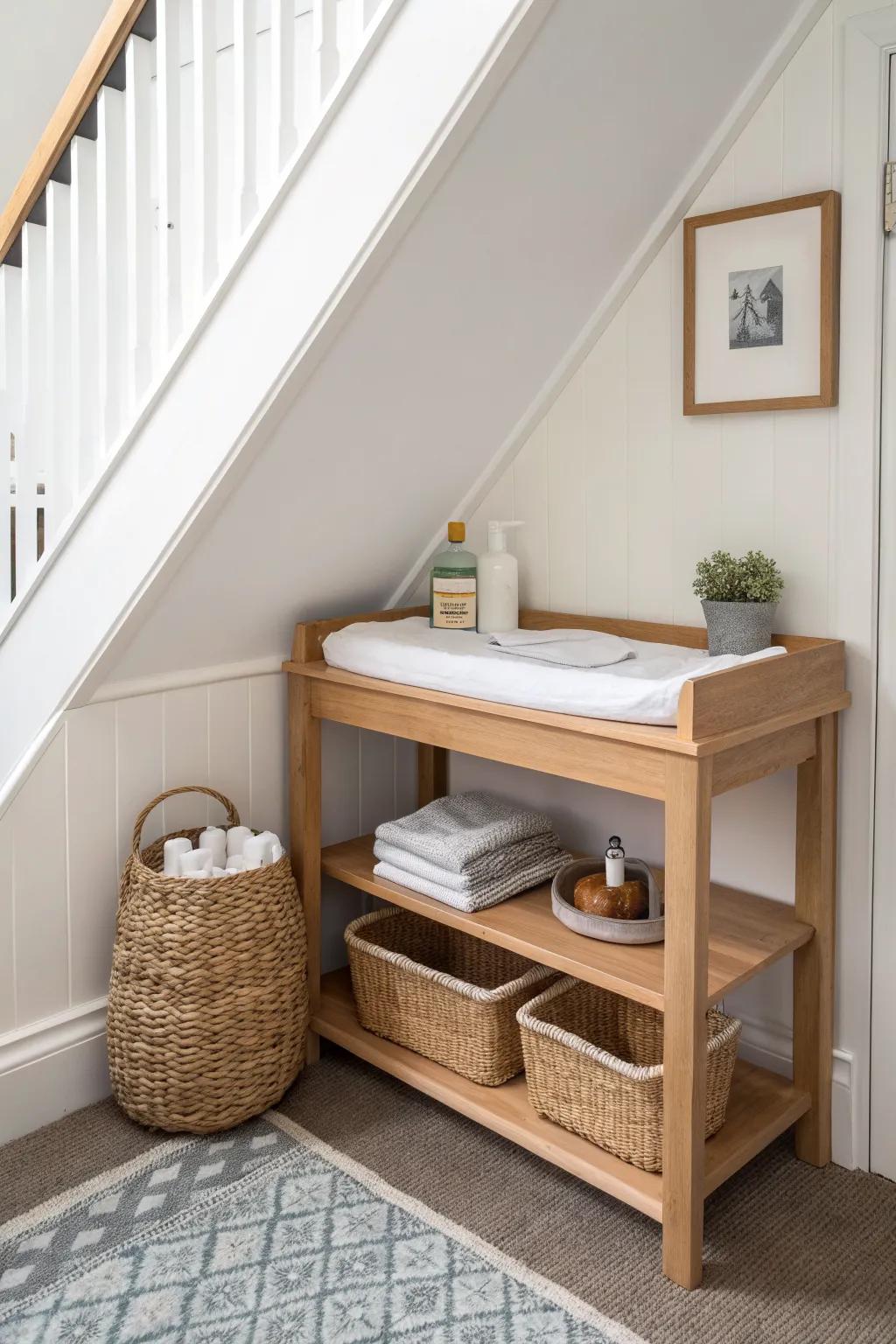 A slim under-stairs changing nook: light oak, warm glow, and essentials right where you need them.