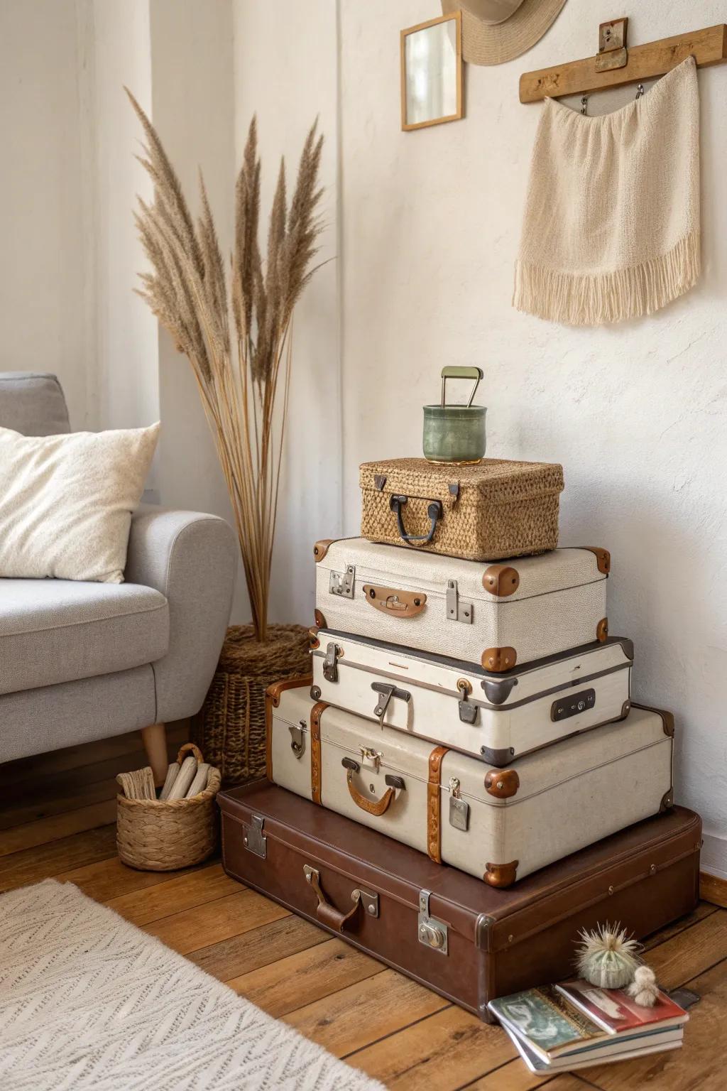 Stack vintage suitcases for chic hidden storage—perfect for small-space clutter and cozy décor.