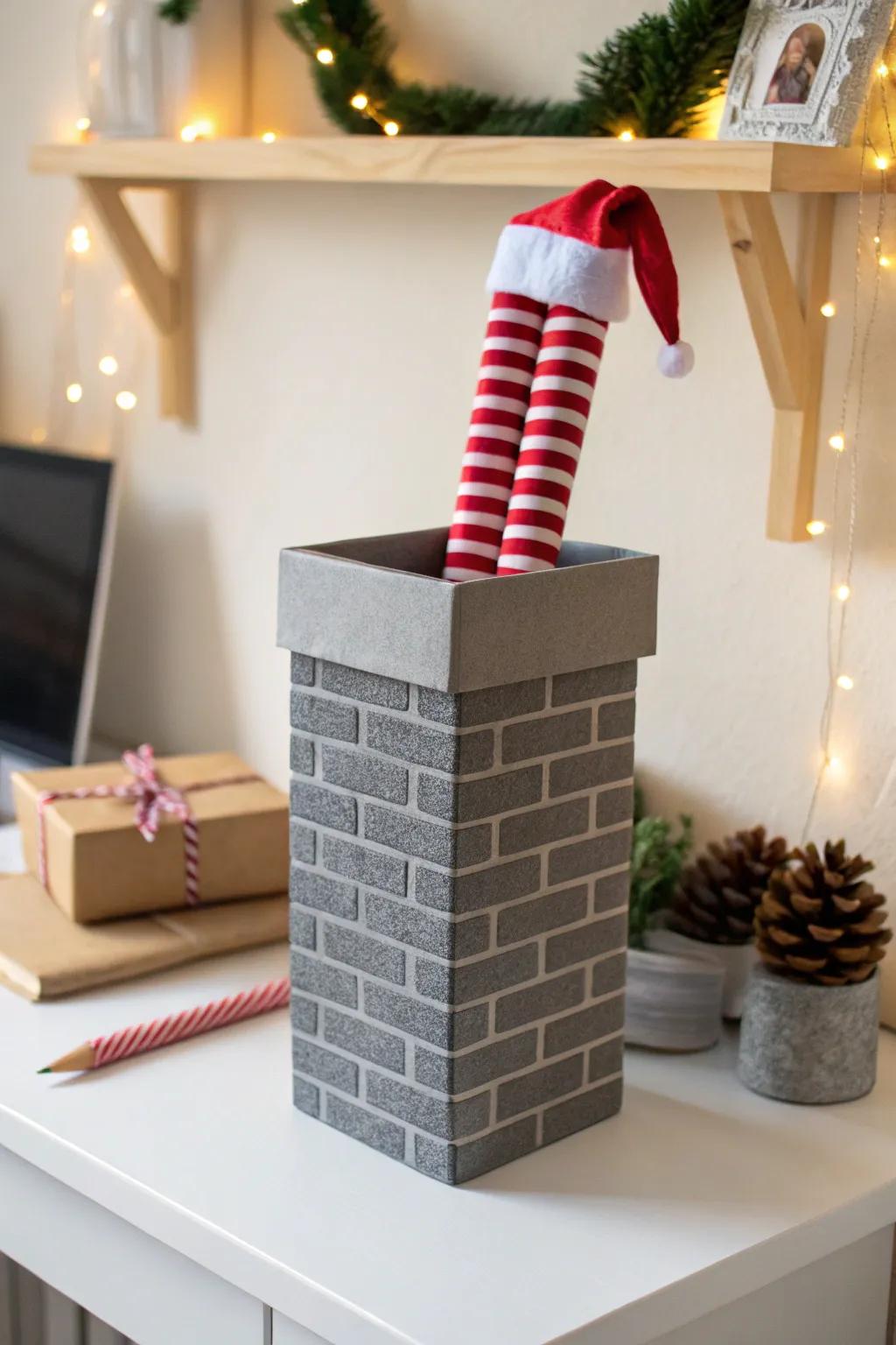 Paper chimney + silly Santa legs: a cubicle showstopper that saves space and sparks smiles.