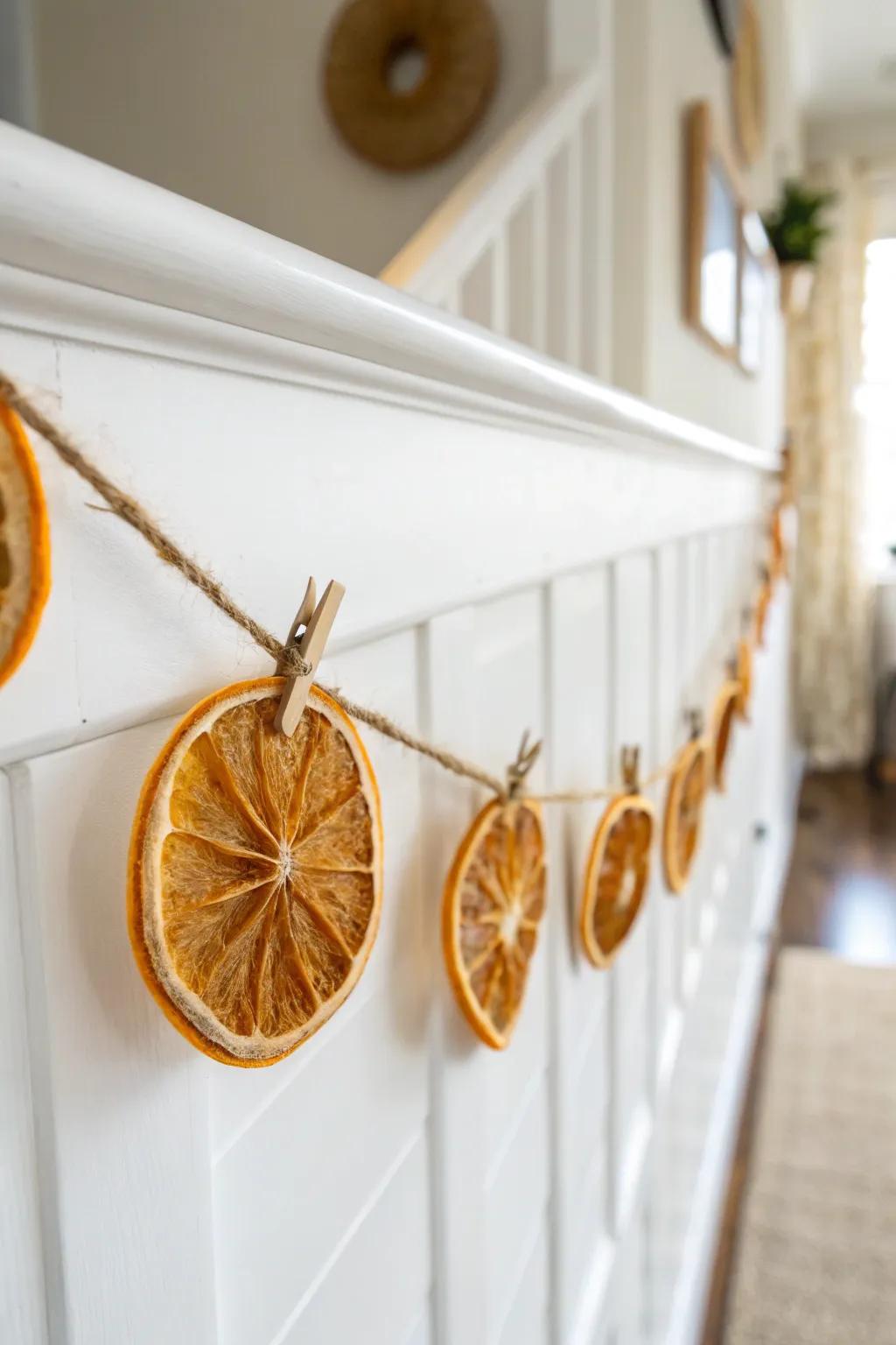 Handcrafted dried orange garland clipped to a hallway ledge for a cozy, minimalist Christmas glow.