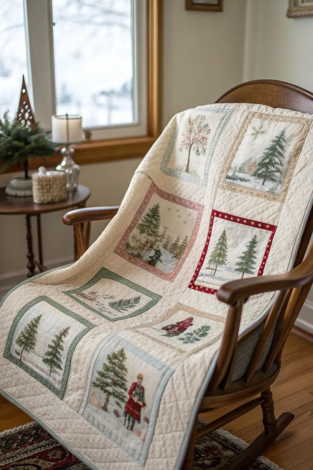 Capture the essence of Christmas nostalgia with a quilt inspired by vintage postcards, merging minimalist beauty with Boho flair.