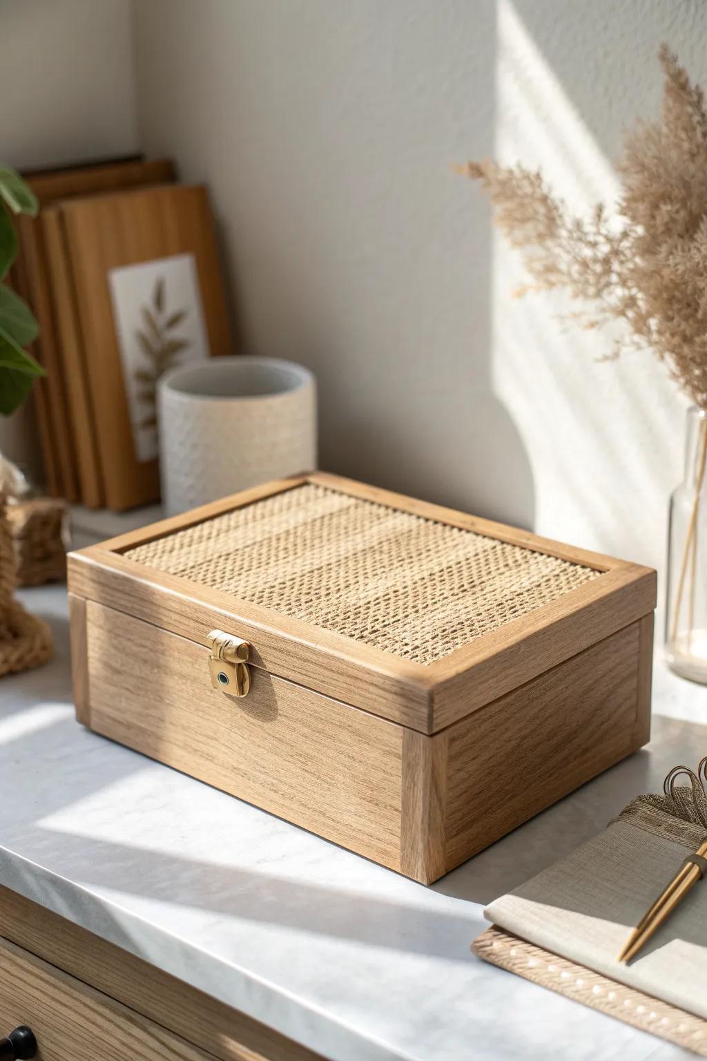 A simple lidded “quarantine box” keeps random items out of sight—clean now, decide later.