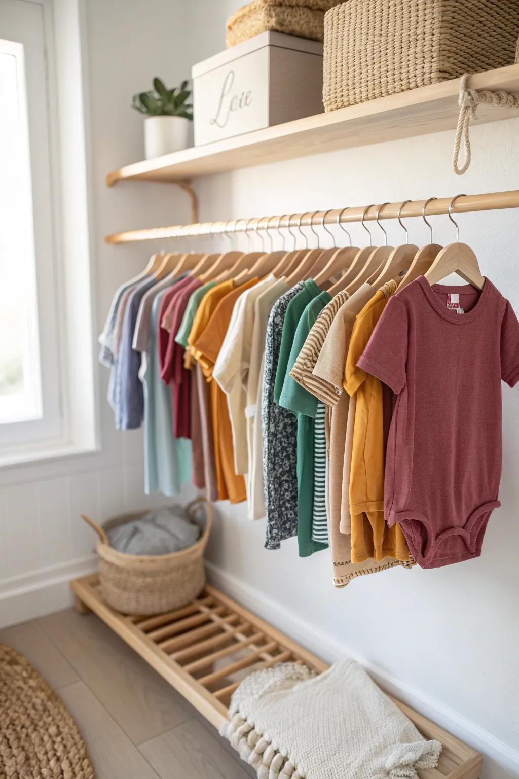 Rainbow-by-size closet nursery: a calming color gradient that makes outfits quick to grab.