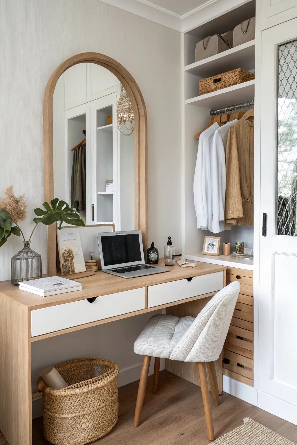 A closet desk that doubles as a vanity—one surface, smart storage, calm minimalist style.
