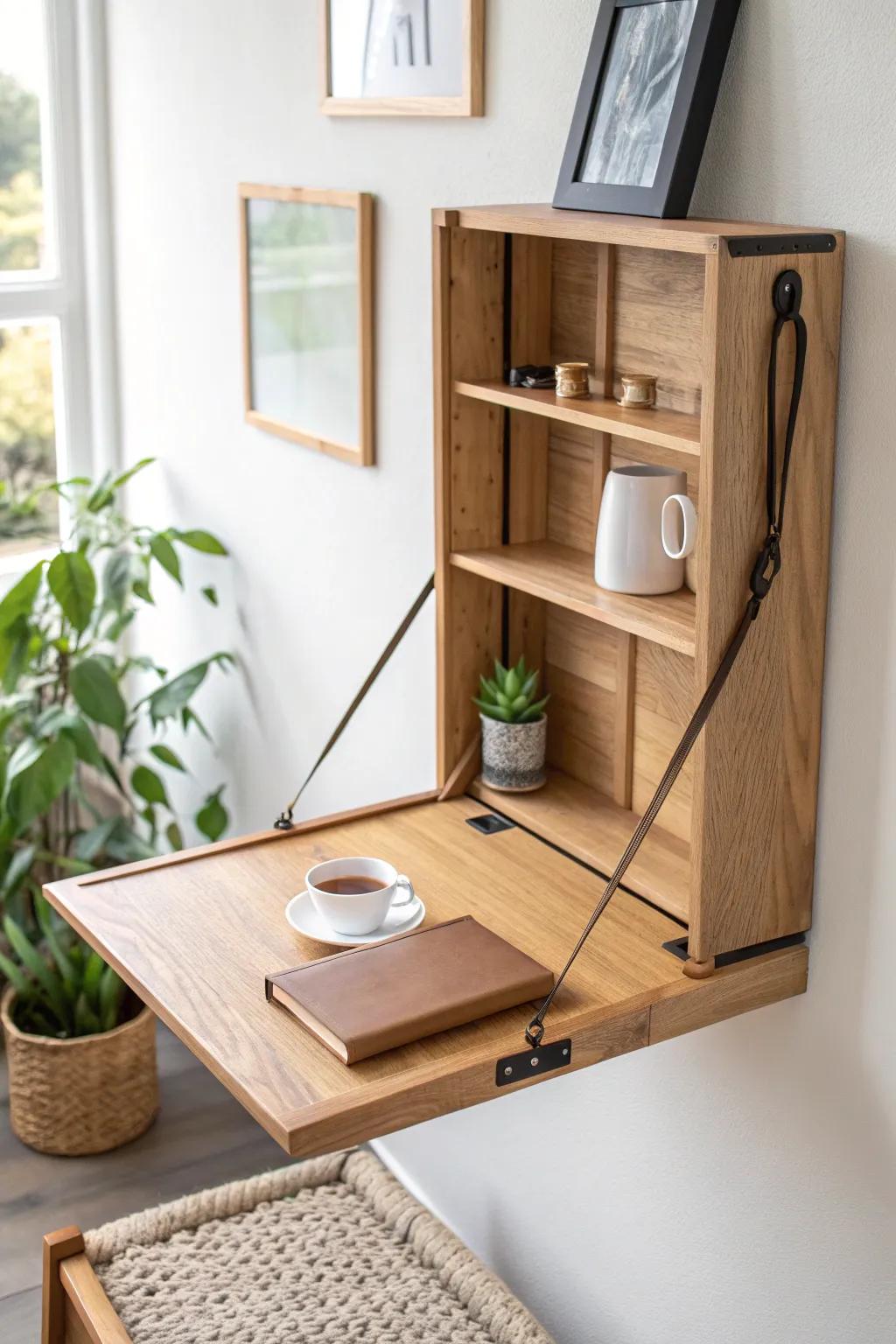 Fold-down coffee corner: a real prep spot when you need it, then it disappears to save space.