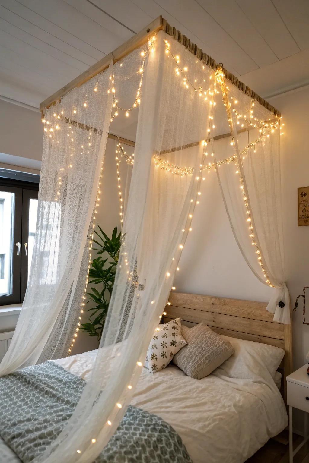 Turn a tiny bedroom dreamy with a sheer canopy draped over warm string lights.