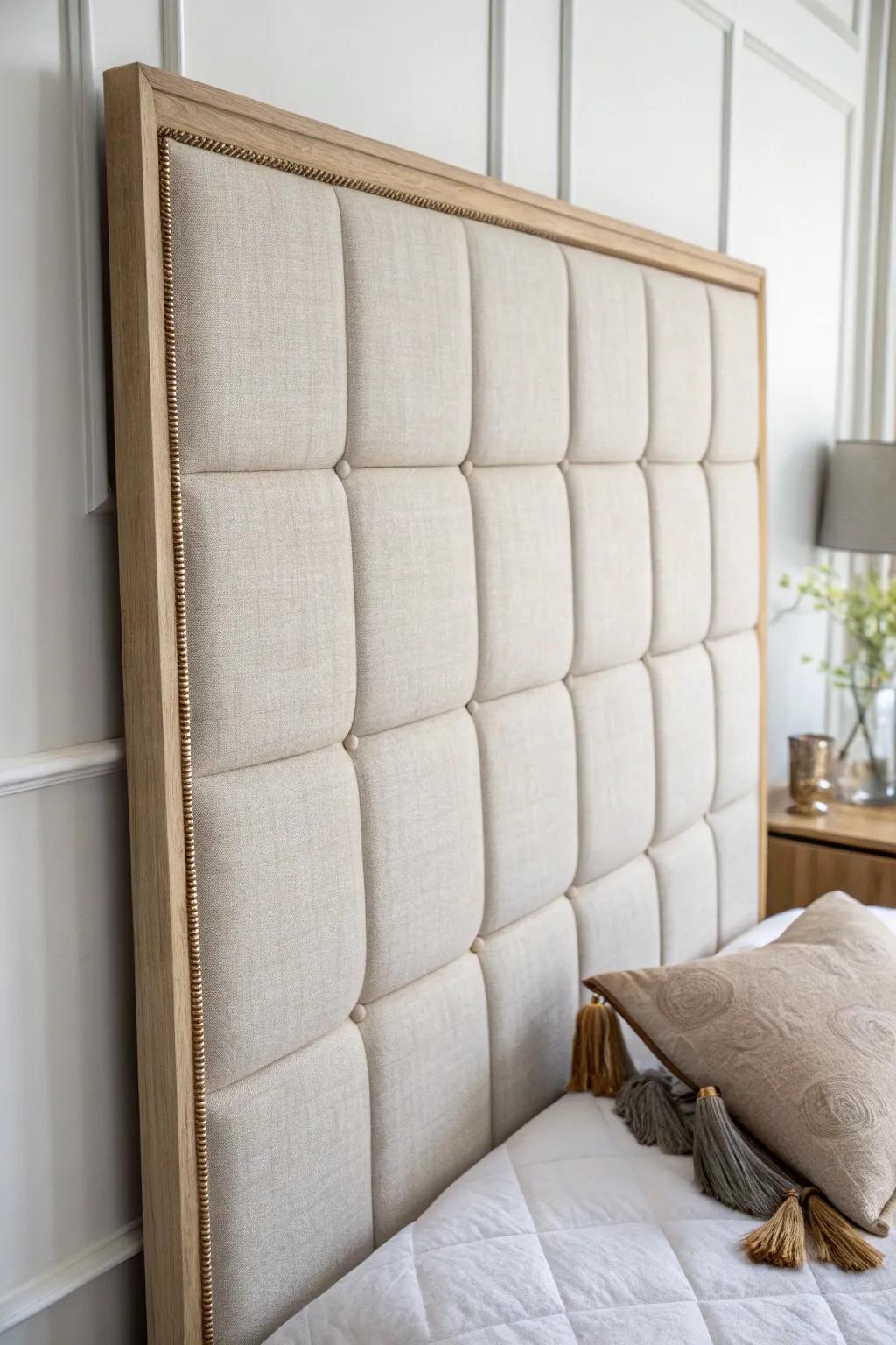 A linen wall panel headboard alternative—soft texture, big style, zero bulky furniture.