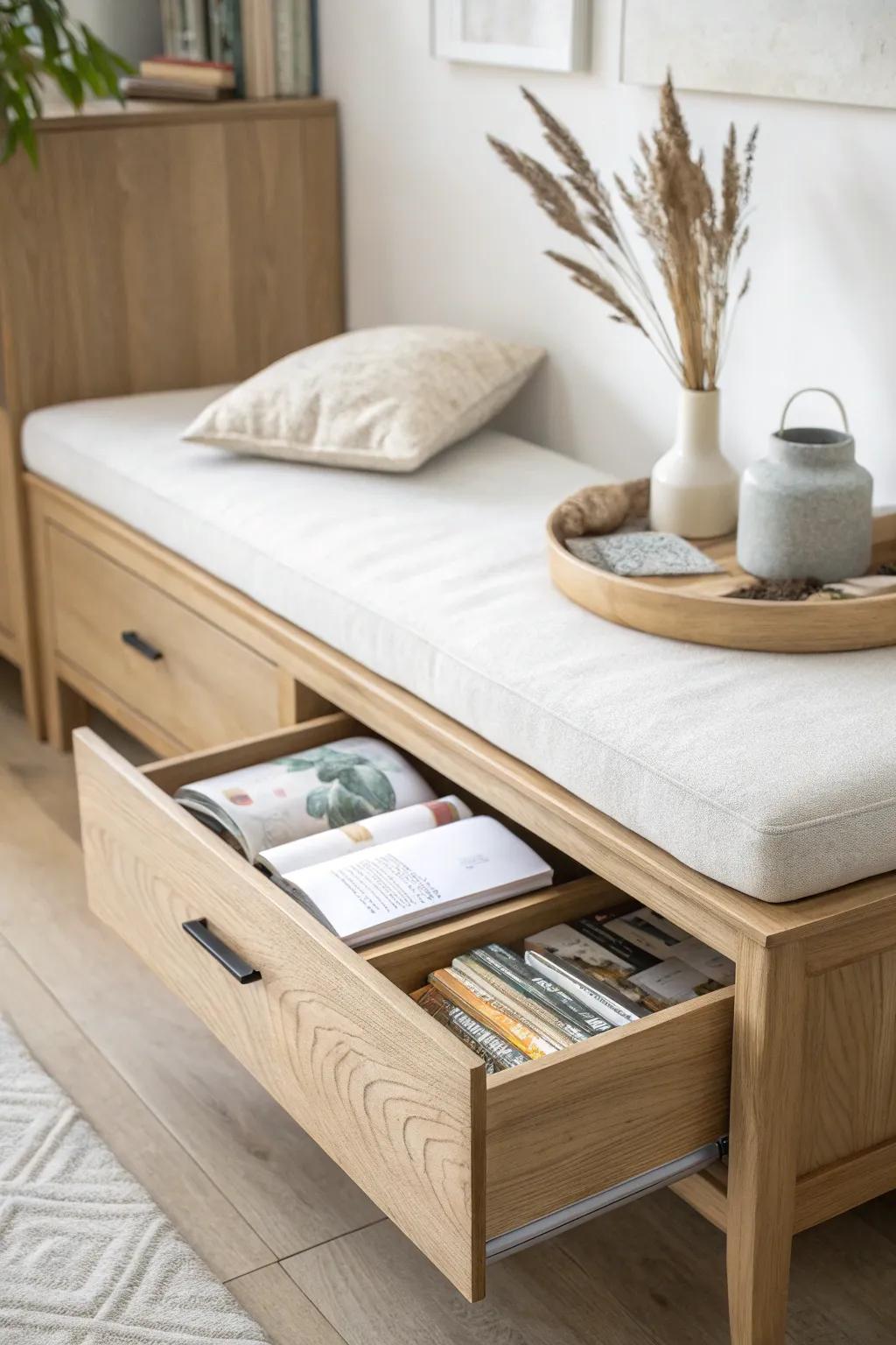 A bench seat that hides a sliding cookbook drawer—high-impact storage with zero clutter.
