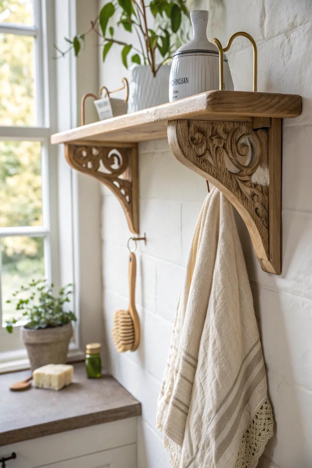 A shallow corbel shelf with brass hooks—pretty vertical storage for tight kitchen corners.