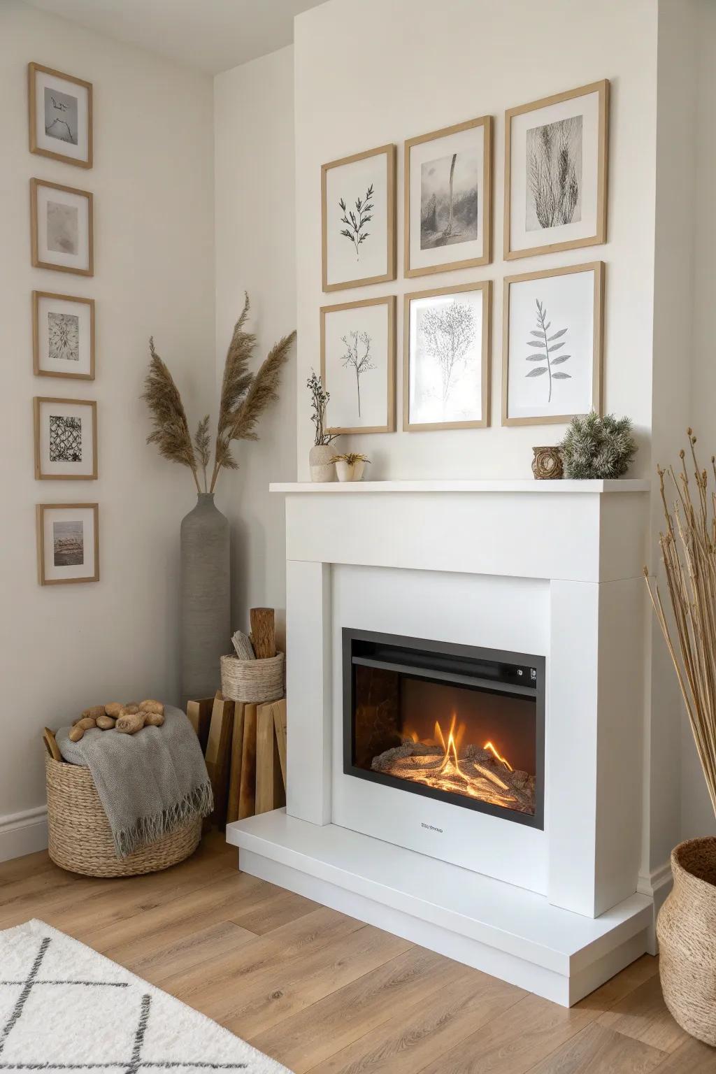 Mini gallery wall wraps the corner, turning a compact electric fireplace into a curated focal point.