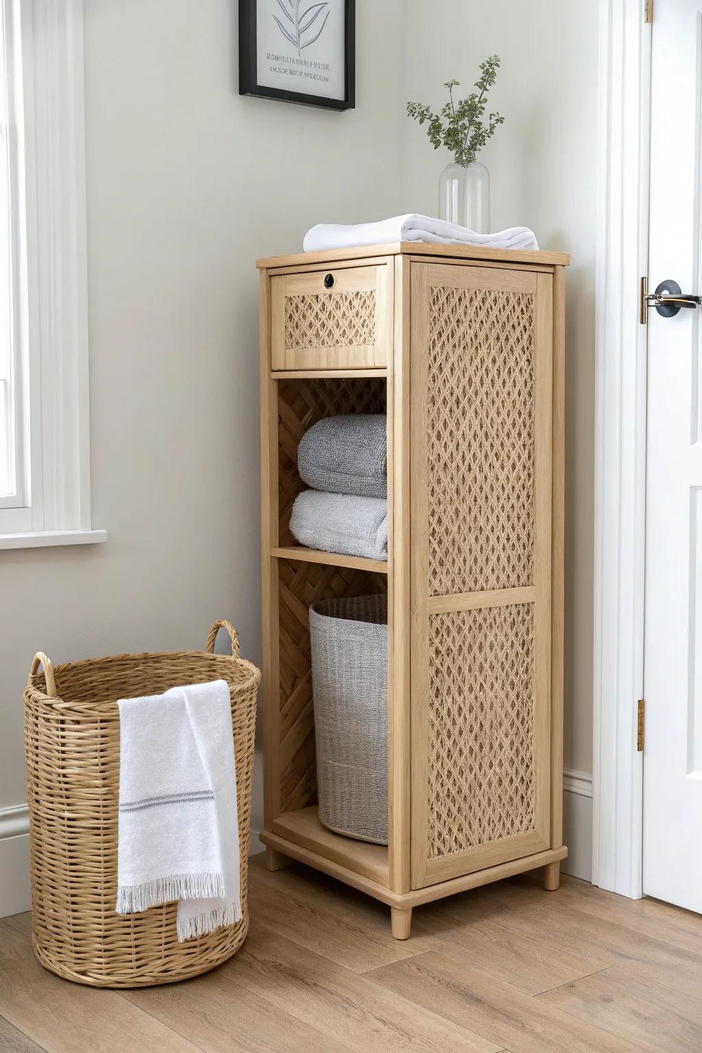 A slim corner hamper cabinet that swallows laundry and keeps small rooms effortlessly serene.