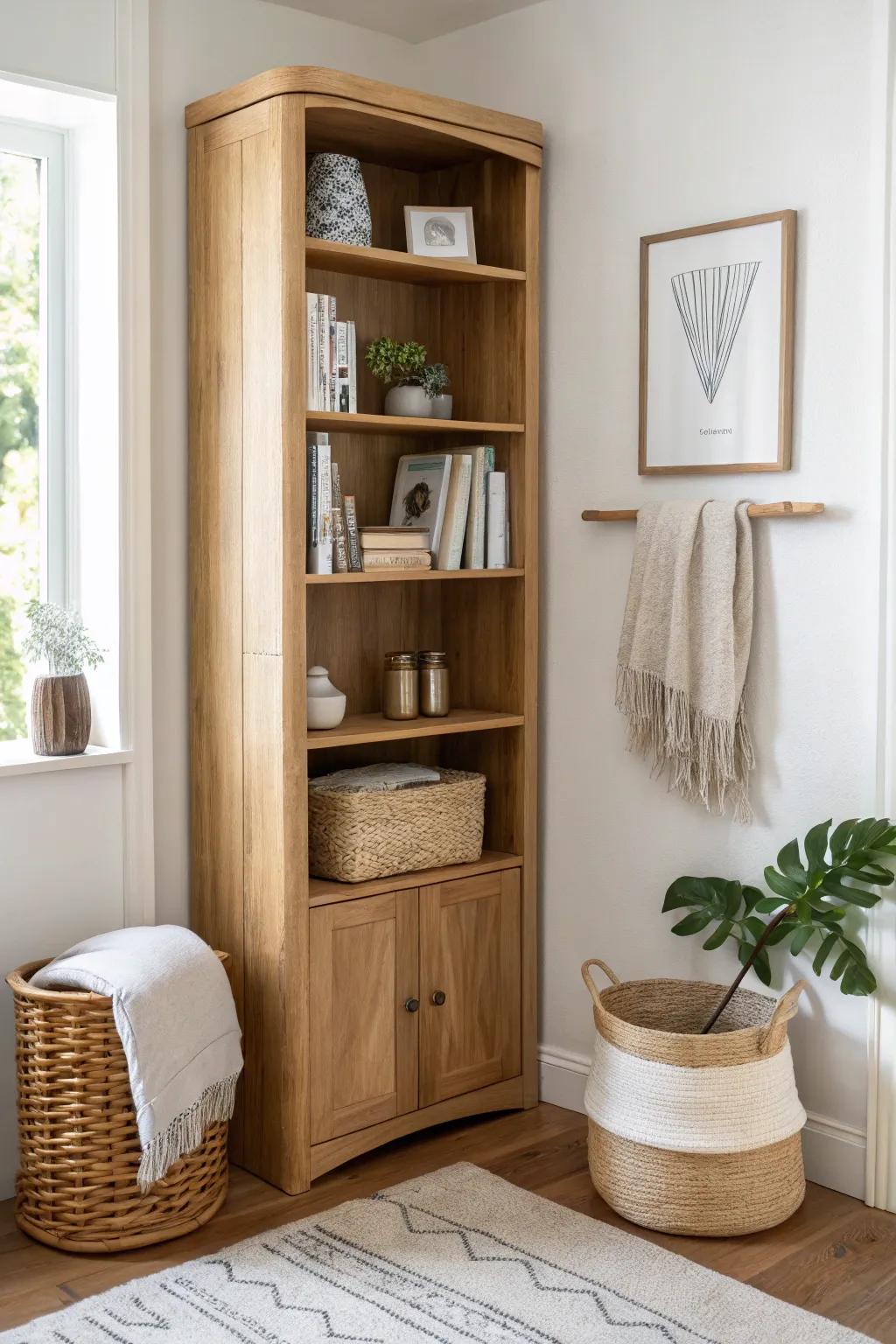 A sleek swing-out corner shelf that looks bookish up front and hides storage behind.