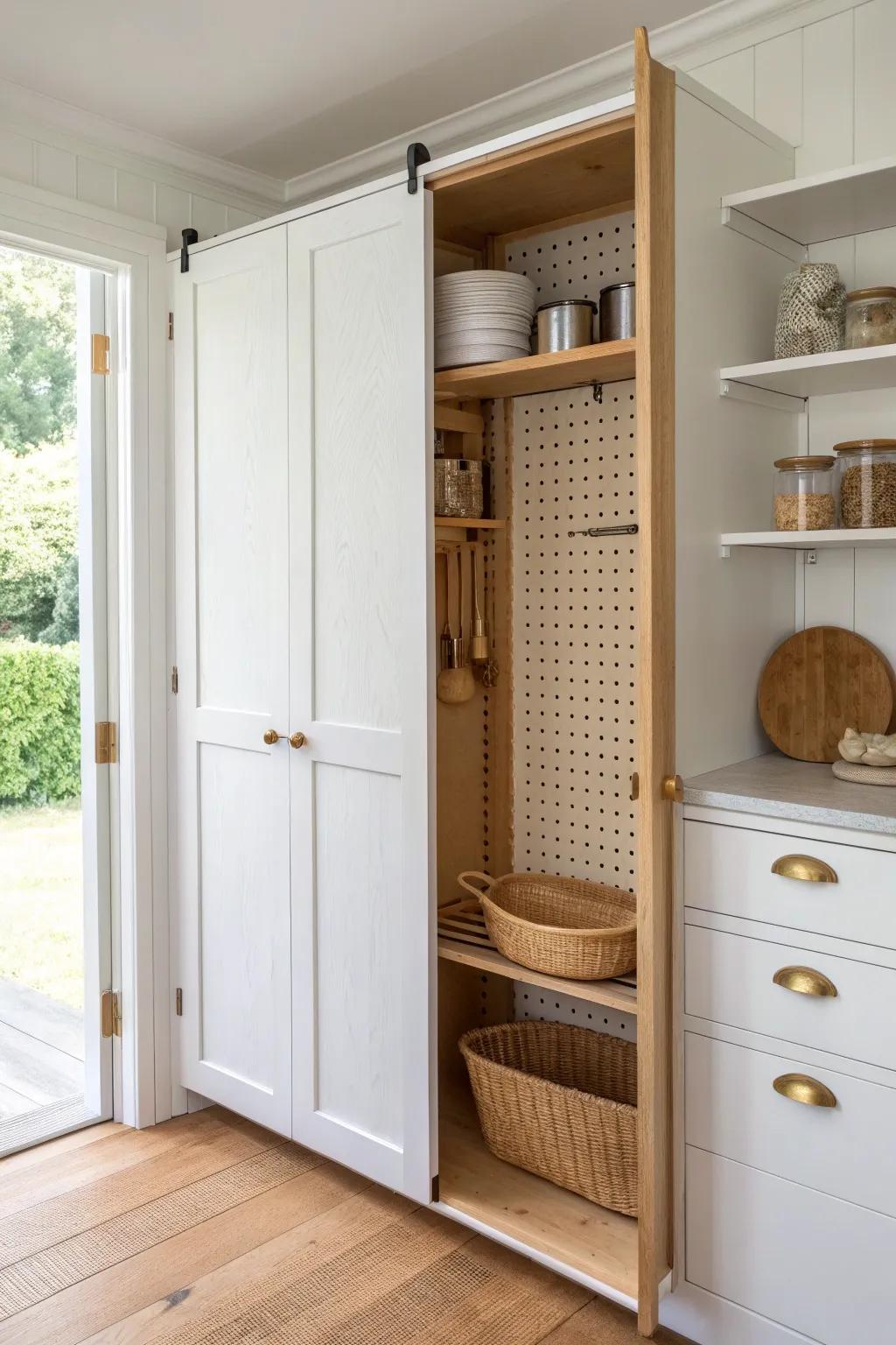 A sliding pegboard panel turns your corner pantry into a sleek, hidden storage wall.