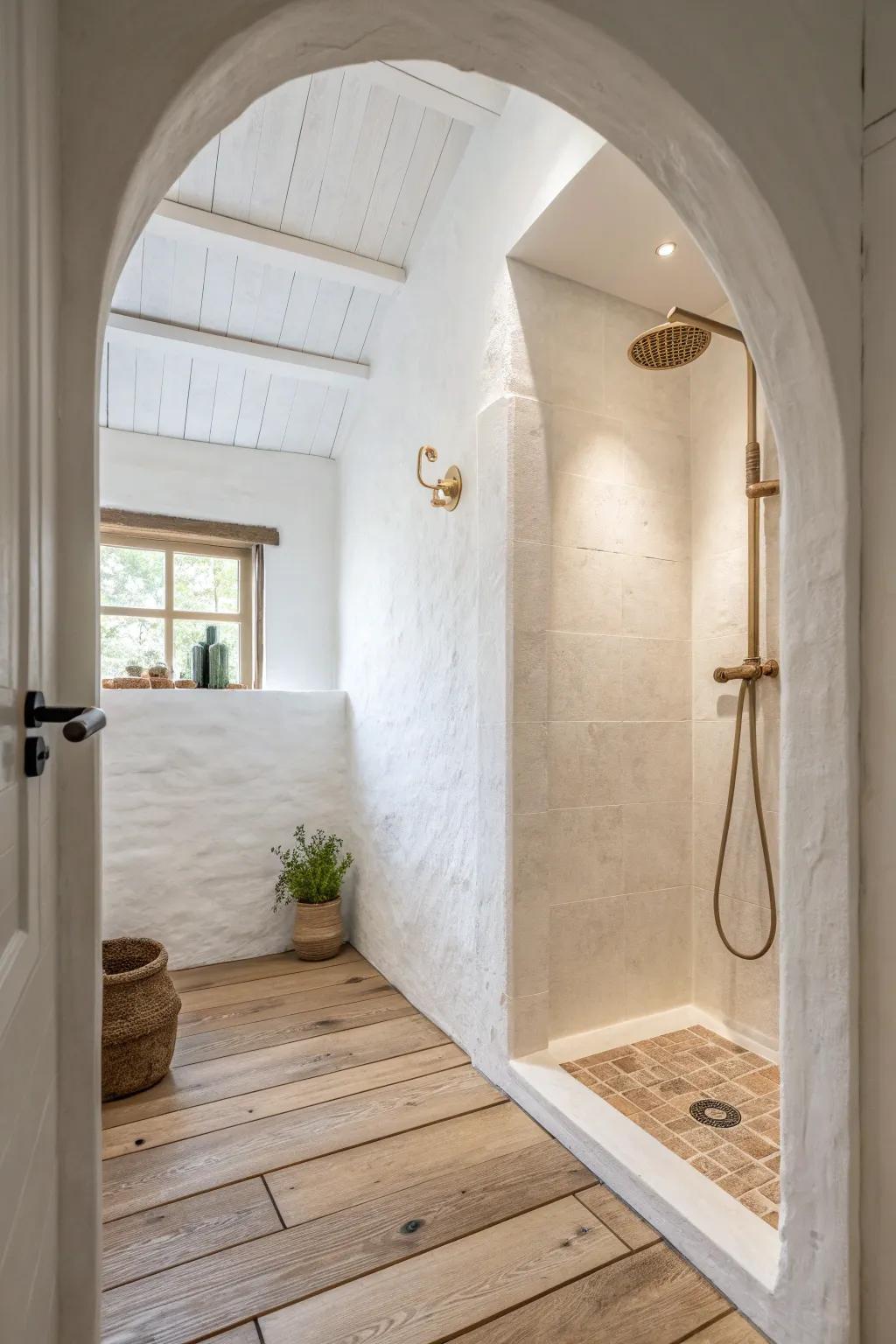 An arched corner shower opening that turns a tiny bathroom into a cozy old-world feature.