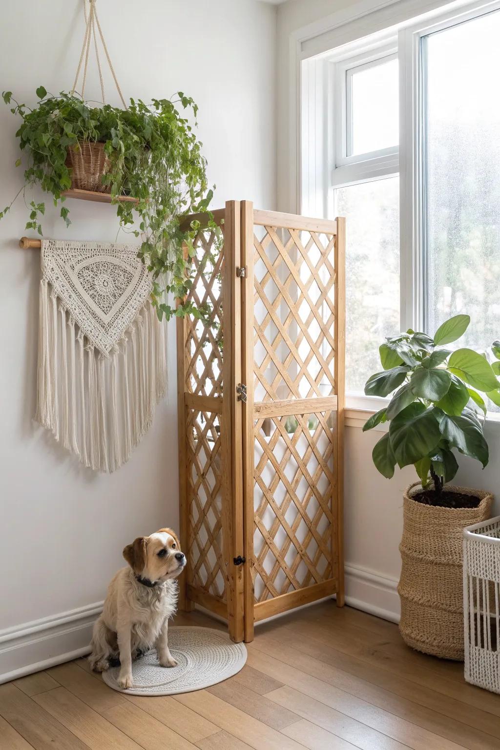 A sturdy corner trellis that keeps pets out—while still looking like calm, modern decor.