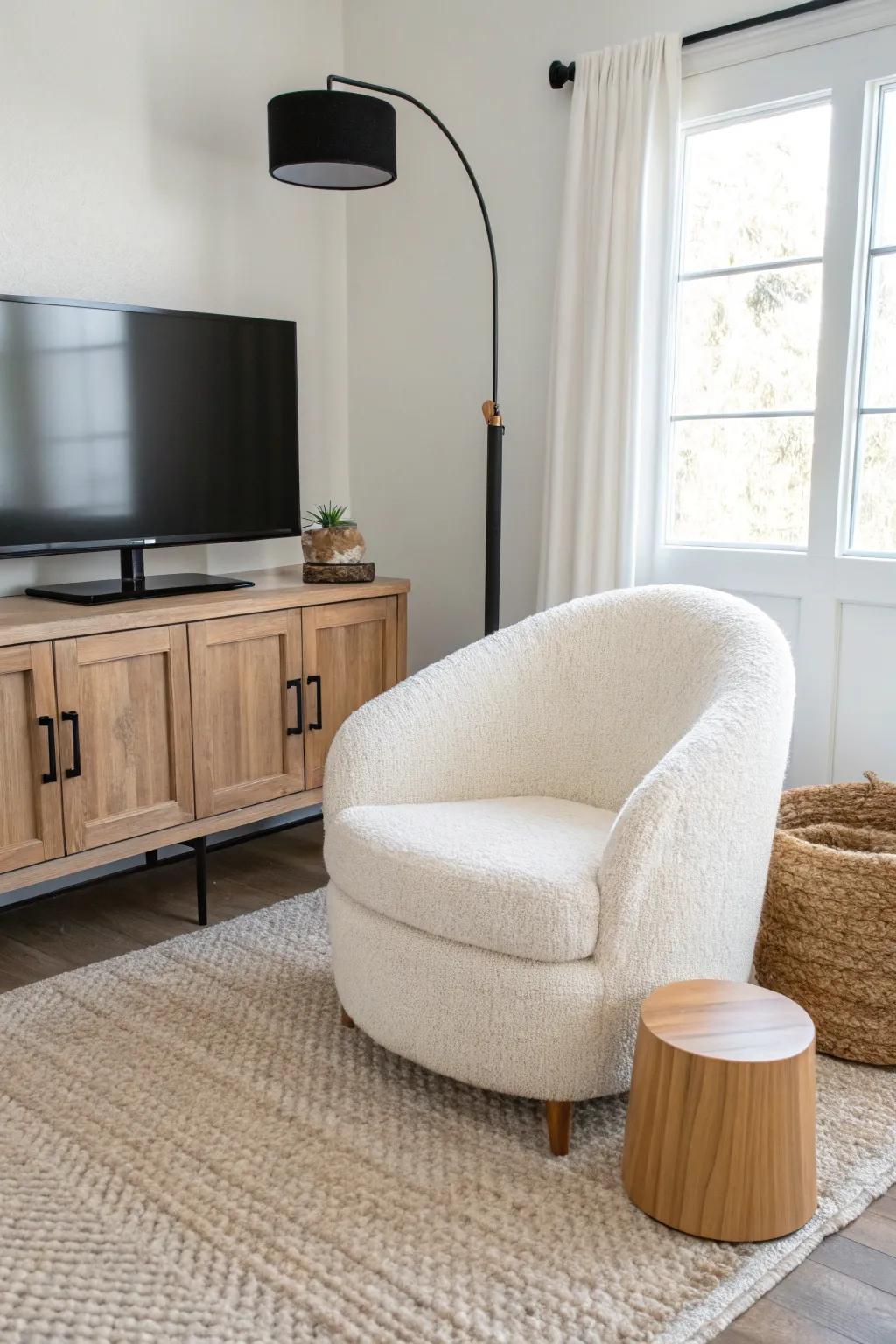 A tiny boucle chair beside the corner TV turns the screen wall into a cozy reading destination.